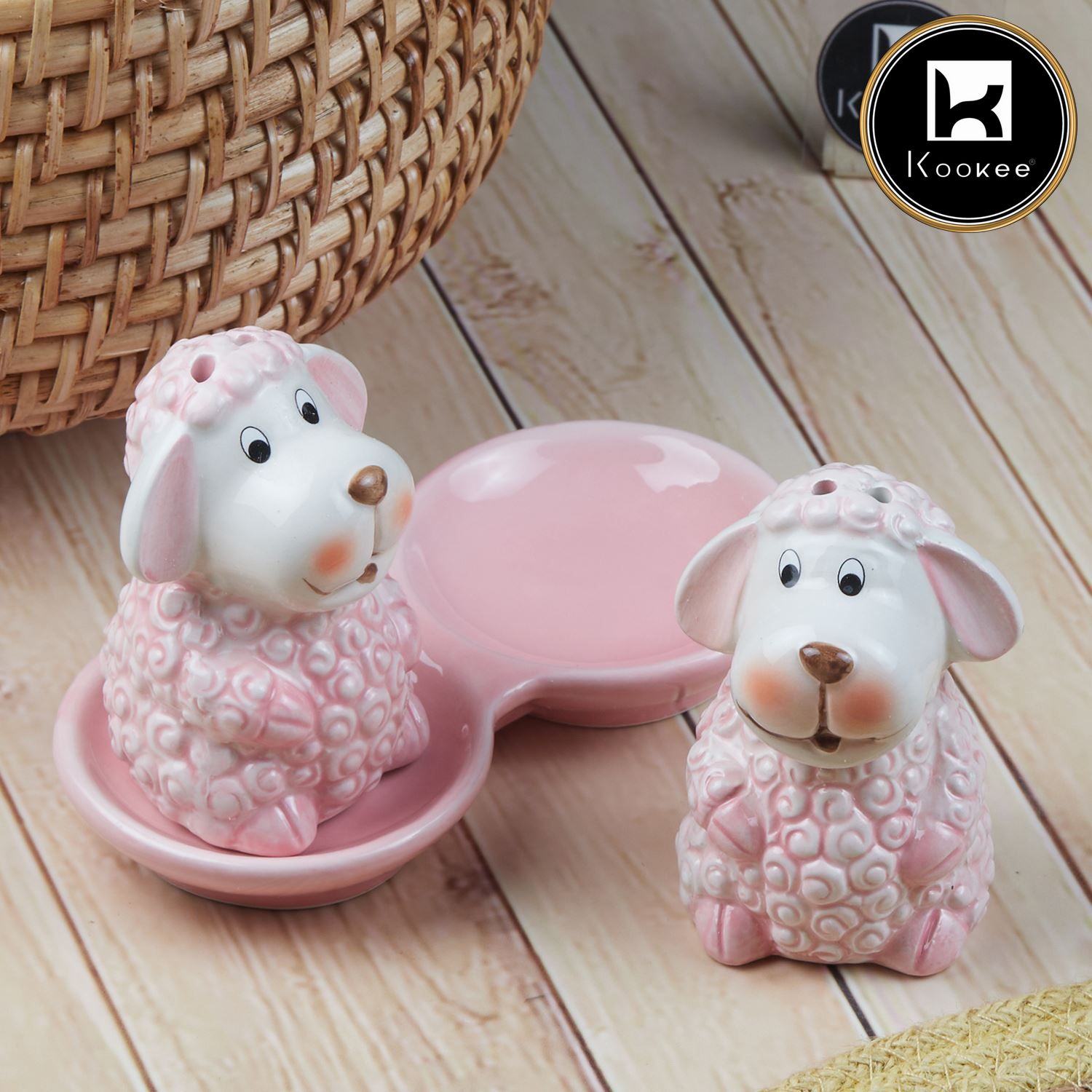 Ceramic Salt and Pepper Set with tray, Sheep Design, Pink (V-SALT-006-1)