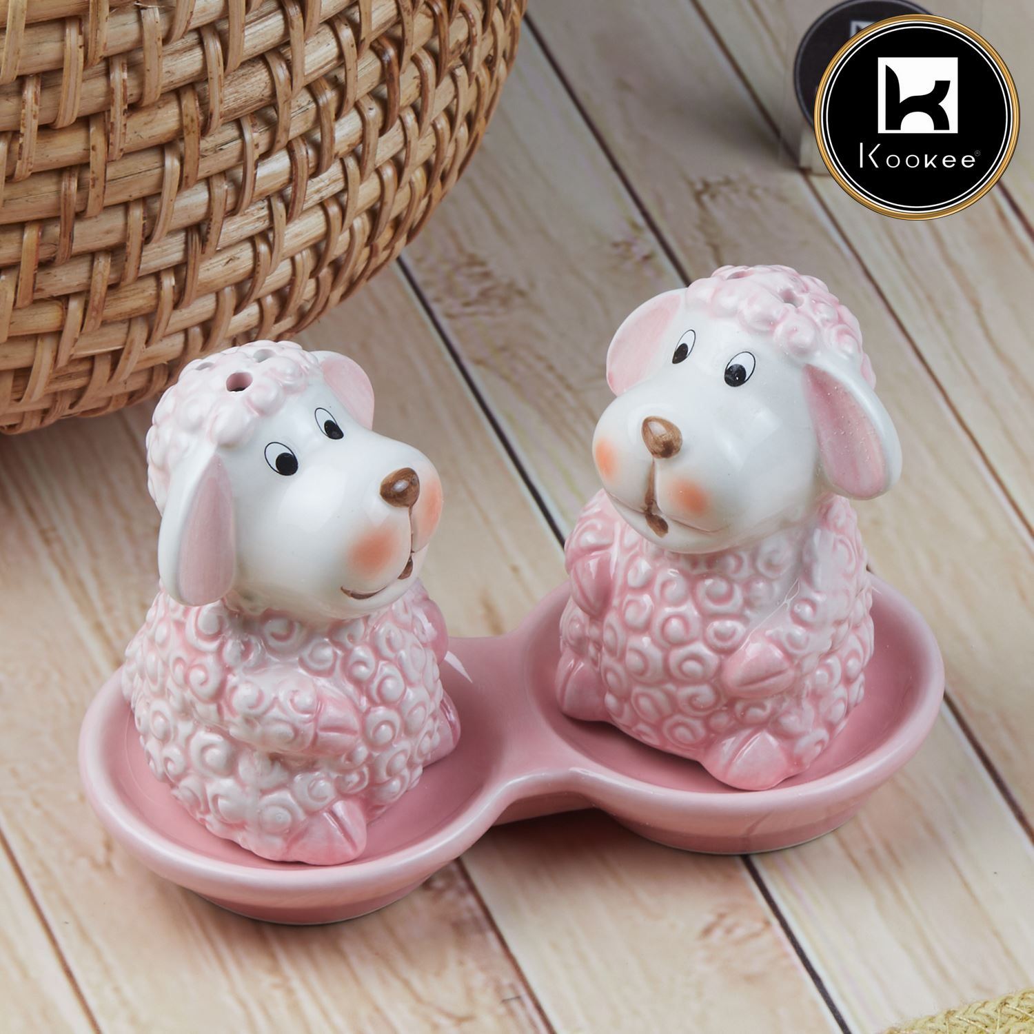 Ceramic Salt and Pepper Set with tray, Sheep Design, Pink (V-SALT-006-1)