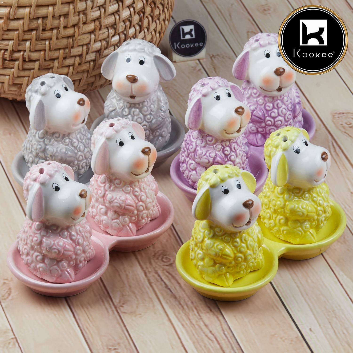 Ceramic Salt and Pepper Set with tray, Sheep Design, Pink (8561)