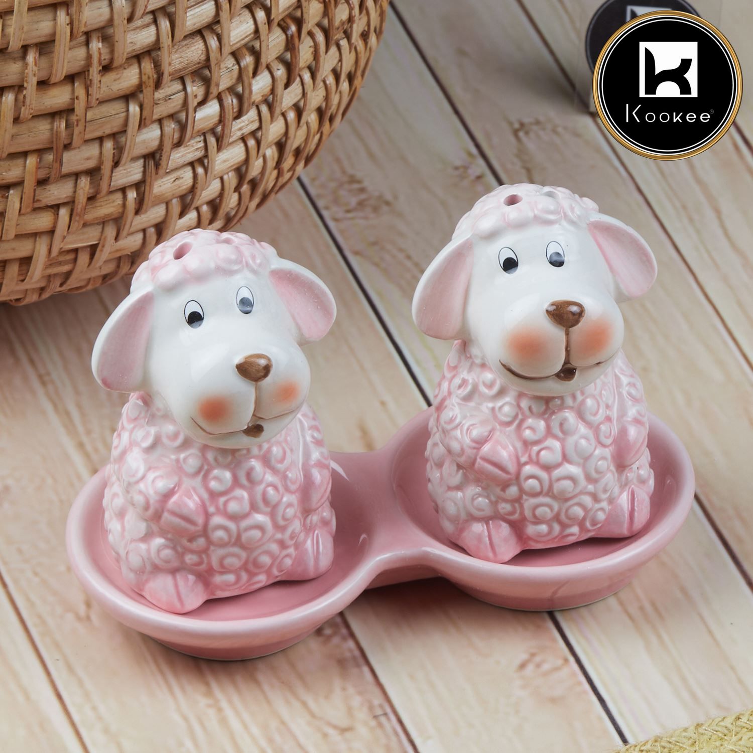 Kookee Ceramic Salt and Pepper Shakers Set with tray for Dining Table used as Namak Dhani, Shaker, Sprinkler, Spices Dispenser for Home, Kitchen and Restaurant, Sheep Design, Pink