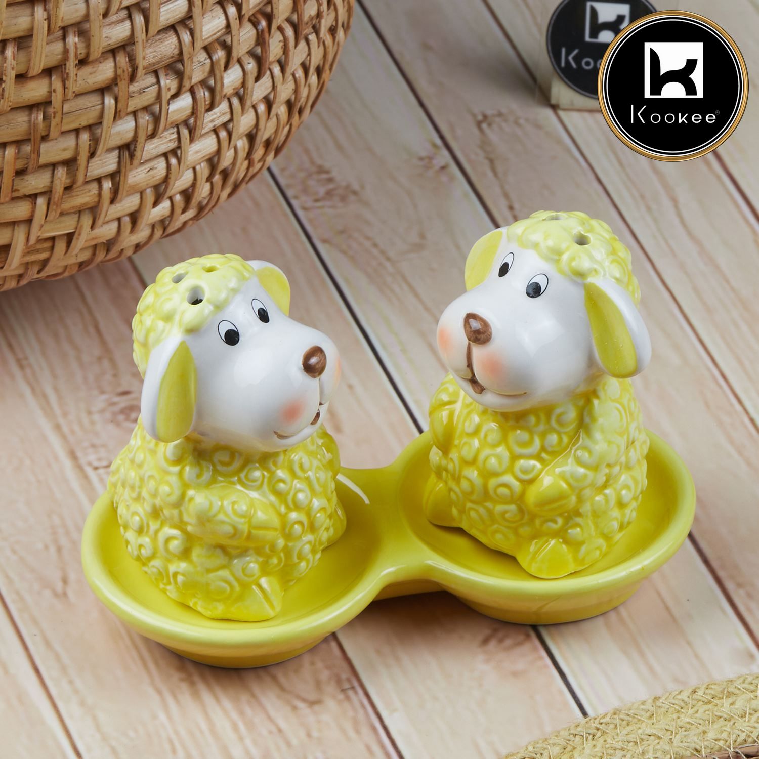 Ceramic Salt and Pepper Set with tray, Sheep Design, Yellow (8562)