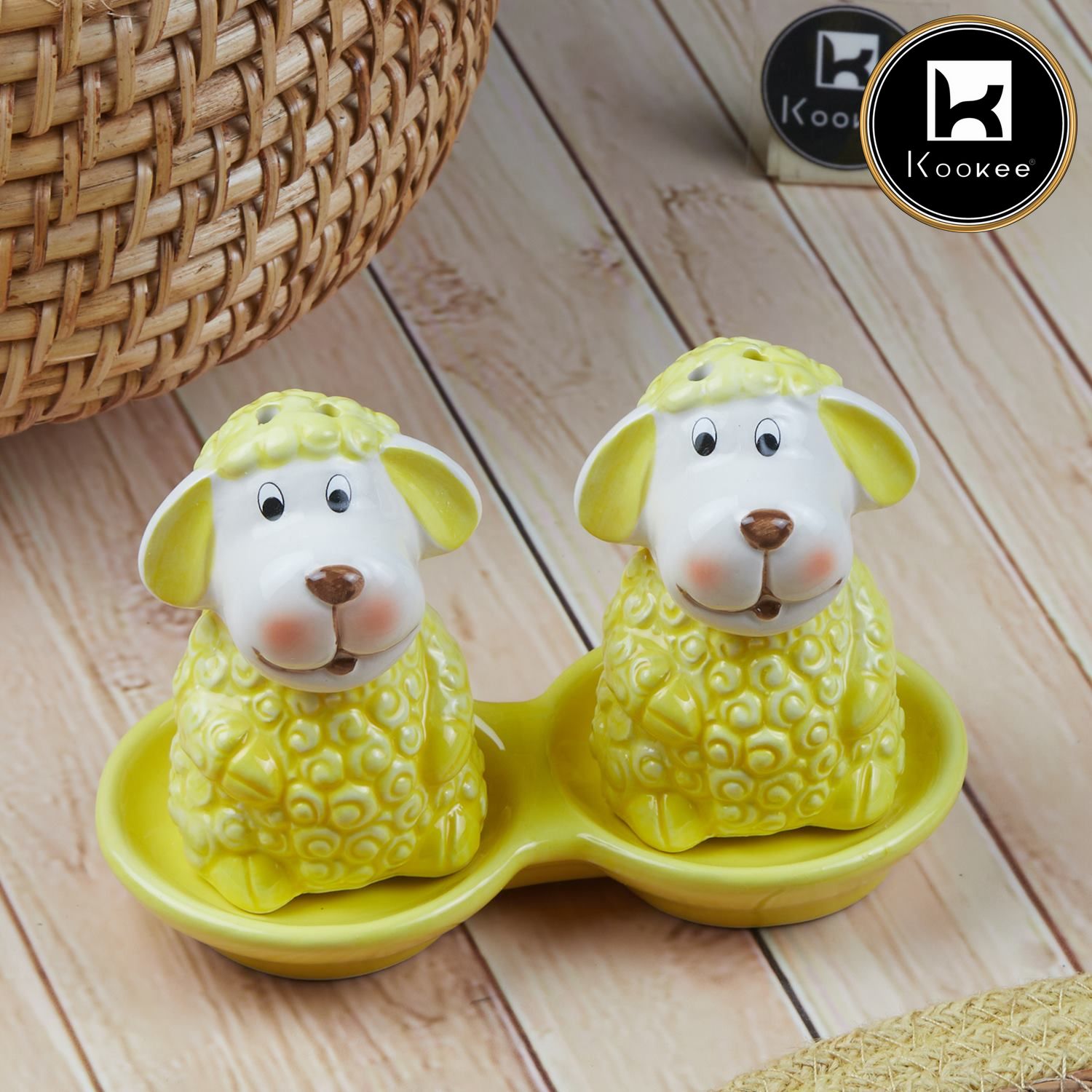 Kookee Ceramic Salt and Pepper Set with tray, Sheep Design, Yellow (8562)