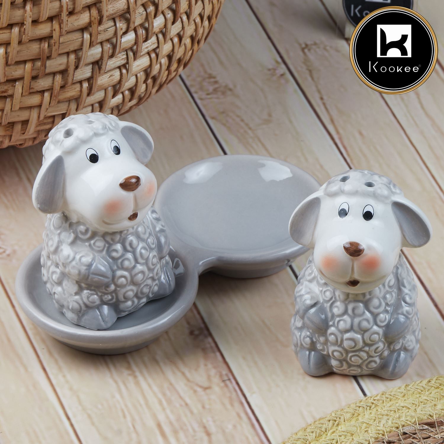 Ceramic Salt and Pepper Set with tray, Sheep Design, Grey (8563)