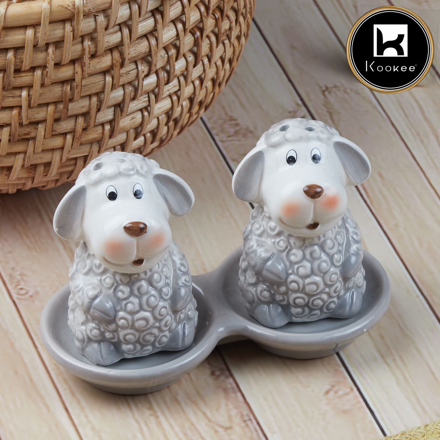 Kookee Ceramic Salt and Pepper Shakers Set with tray for Dining Table used as Namak Dhani, Shaker, Sprinkler, Spices Dispenser for Home, Kitchen and Restaurant, Sheep Design, Grey