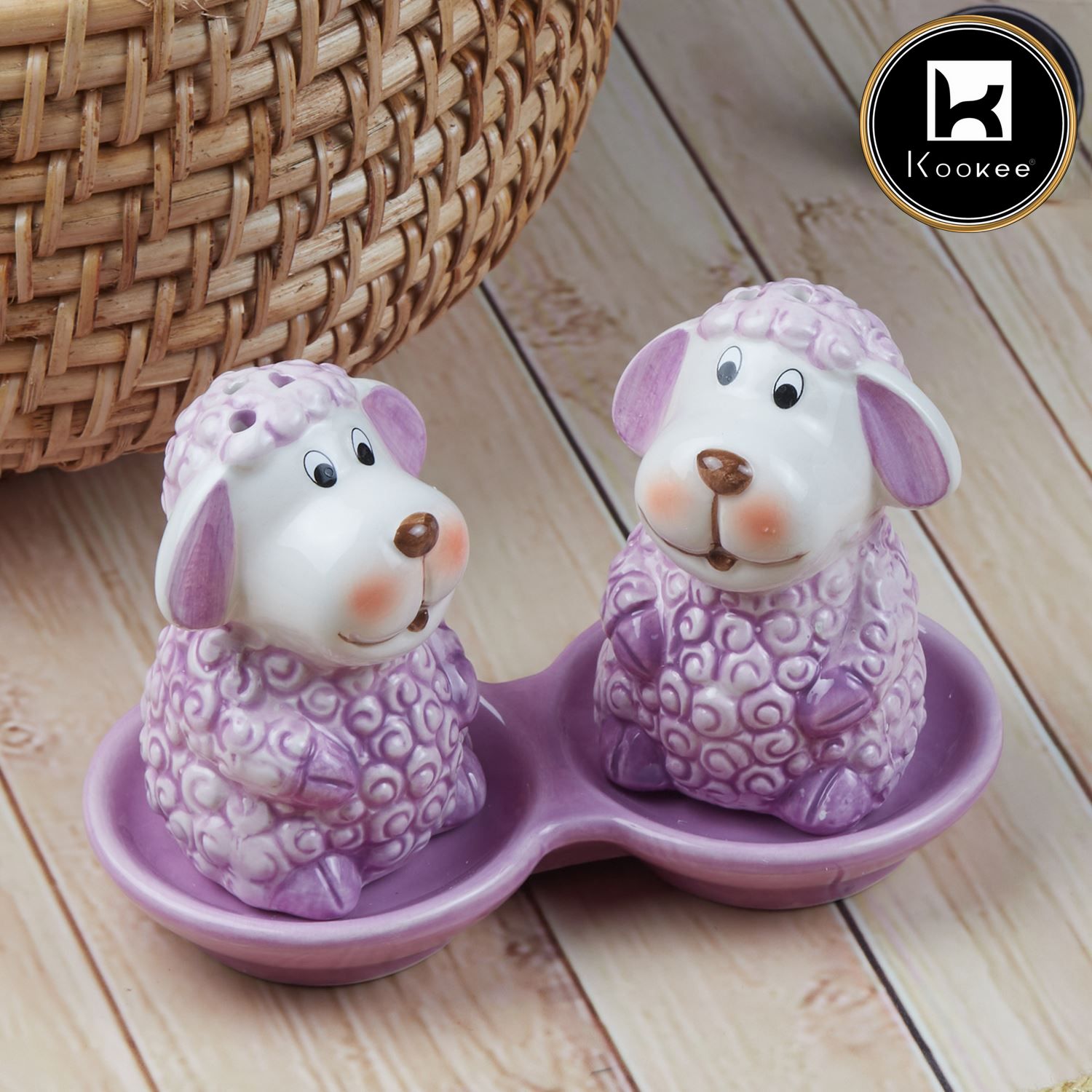 Ceramic Salt and Pepper Set with tray, Sheep Design, Purple (8564)