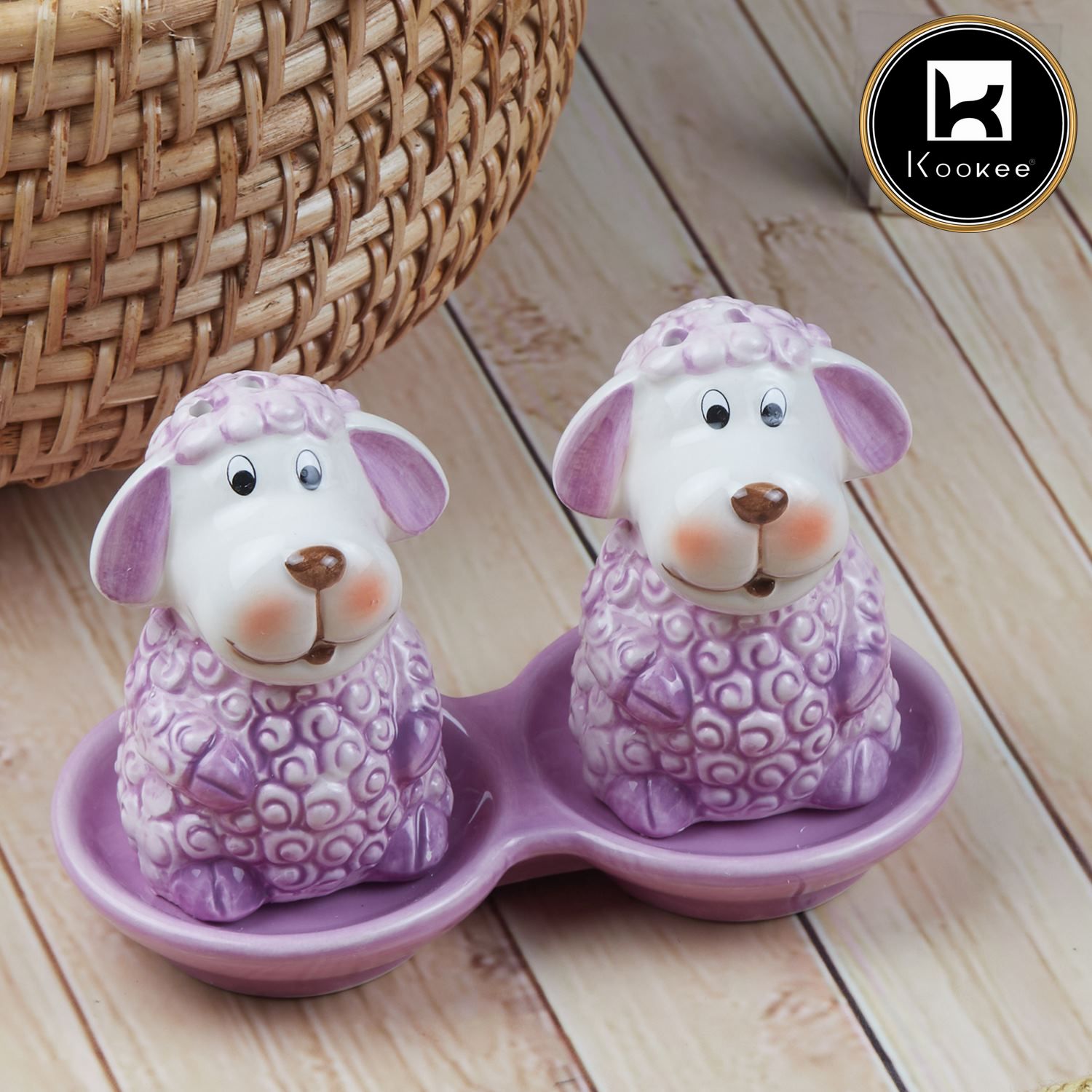 Kookee Ceramic Salt and Pepper Set with tray, Sheep Design, Purple (8564)