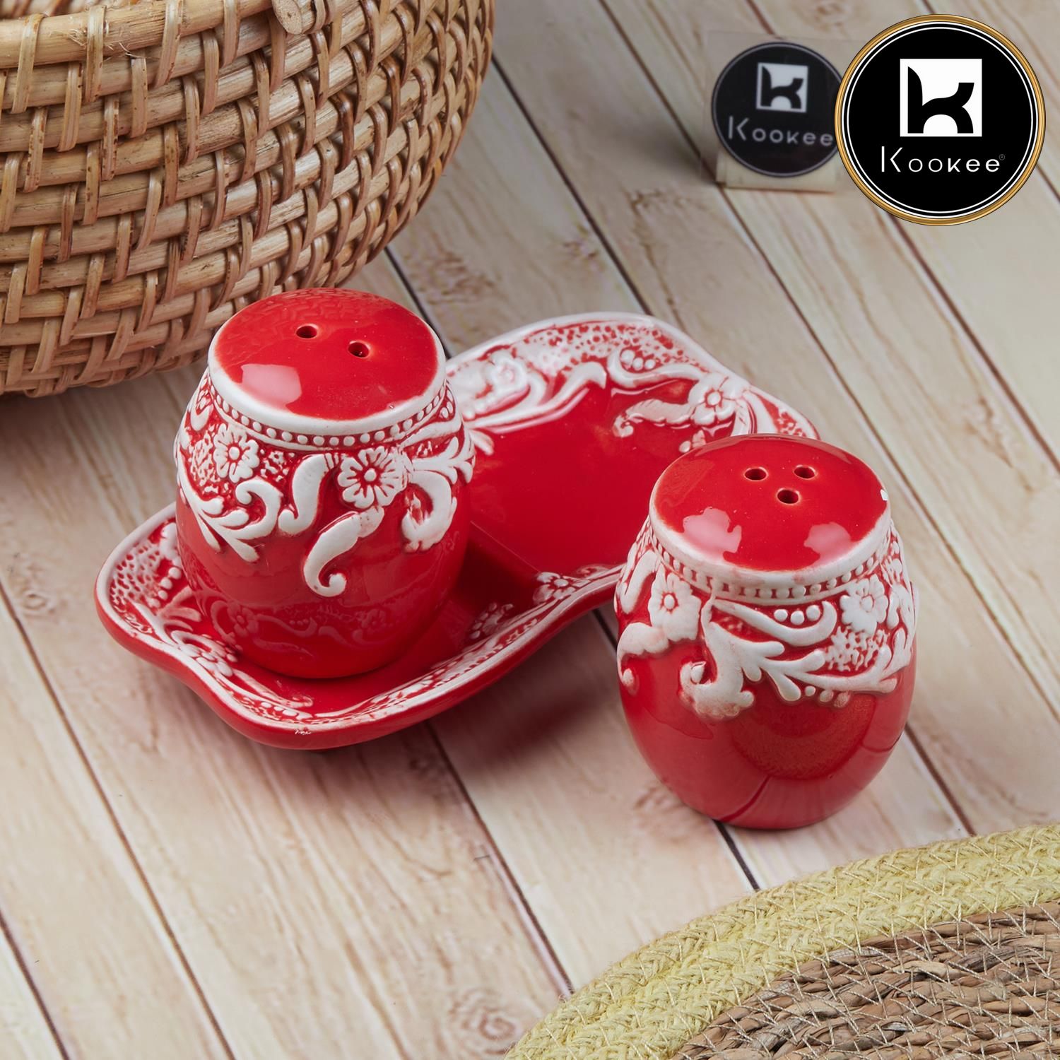 Ceramic Salt and Pepper Set with tray, Floral Design, Red White (8565)