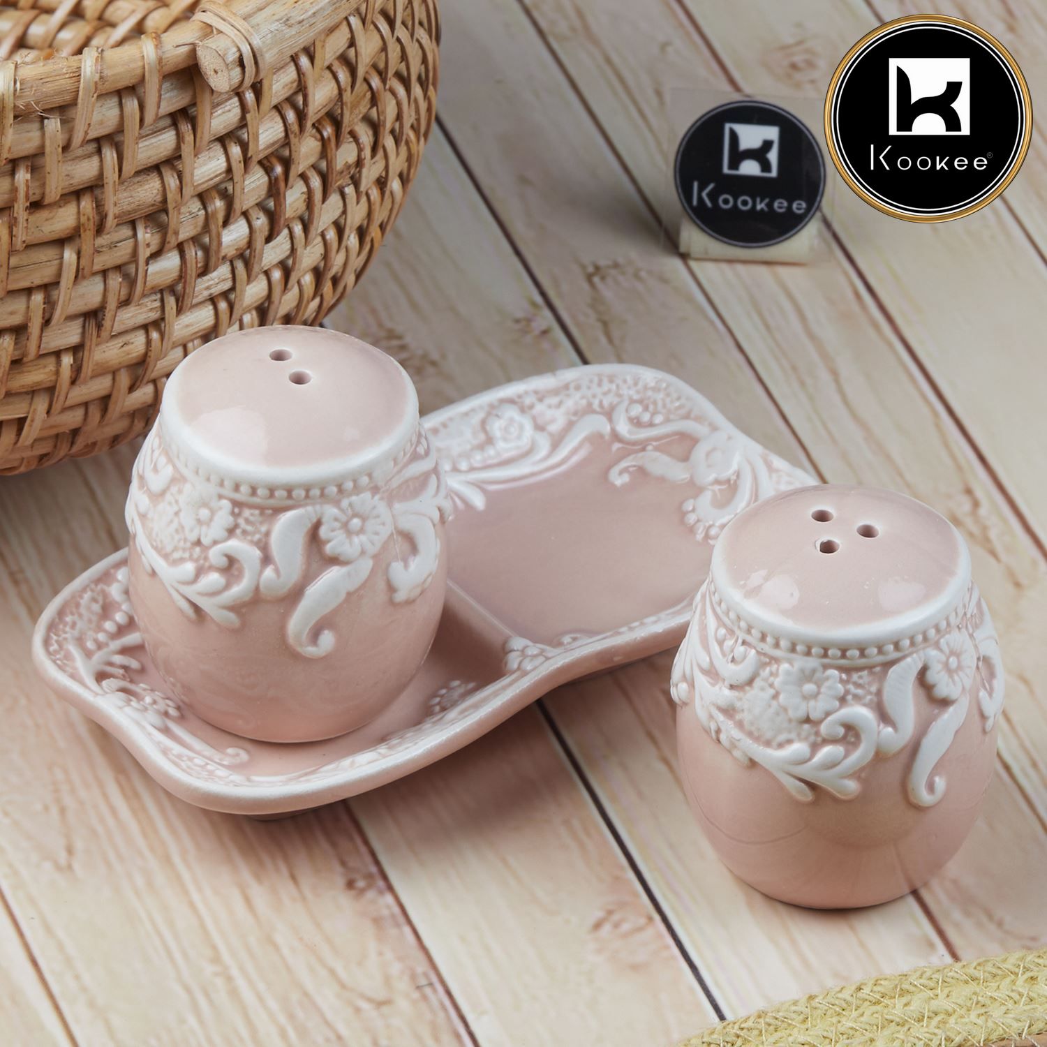 Ceramic Salt and Pepper Set with tray, Floral Design, Peach White (8566)