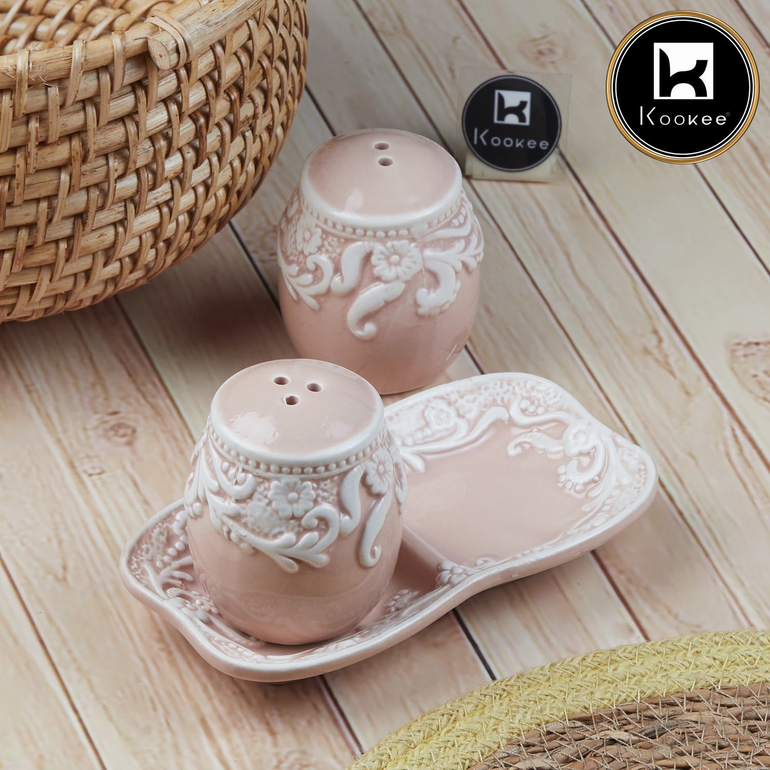 Ceramic Salt and Pepper Set with tray, Floral Design, Peach White (8566)