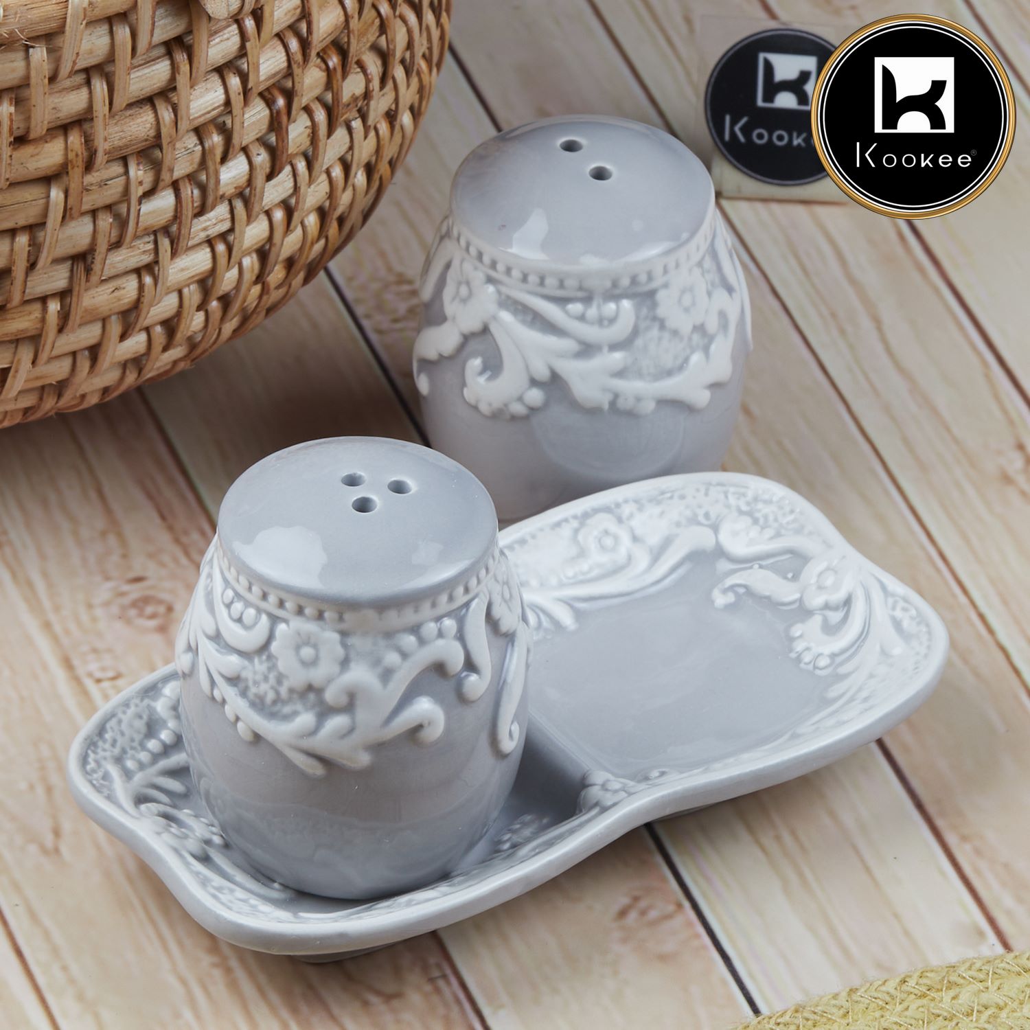 Ceramic Salt and Pepper Set with tray, Floral Design, Grey White (8567)