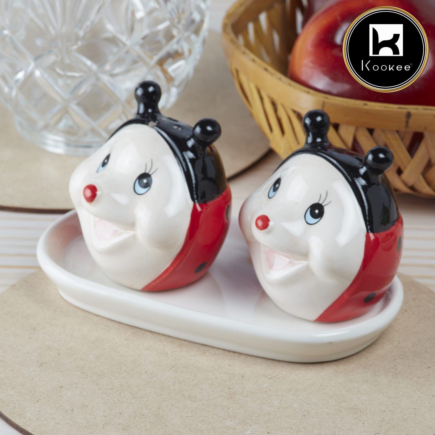 Ceramic Salt and Pepper Set with tray, Lady Bug Design, Red Black (V-SALT-009-1)