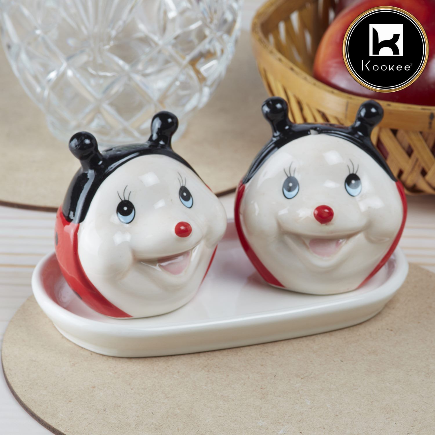 Kookee Ceramic Salt and Pepper Set with tray, Lady Bug Design, Red Black (8568)