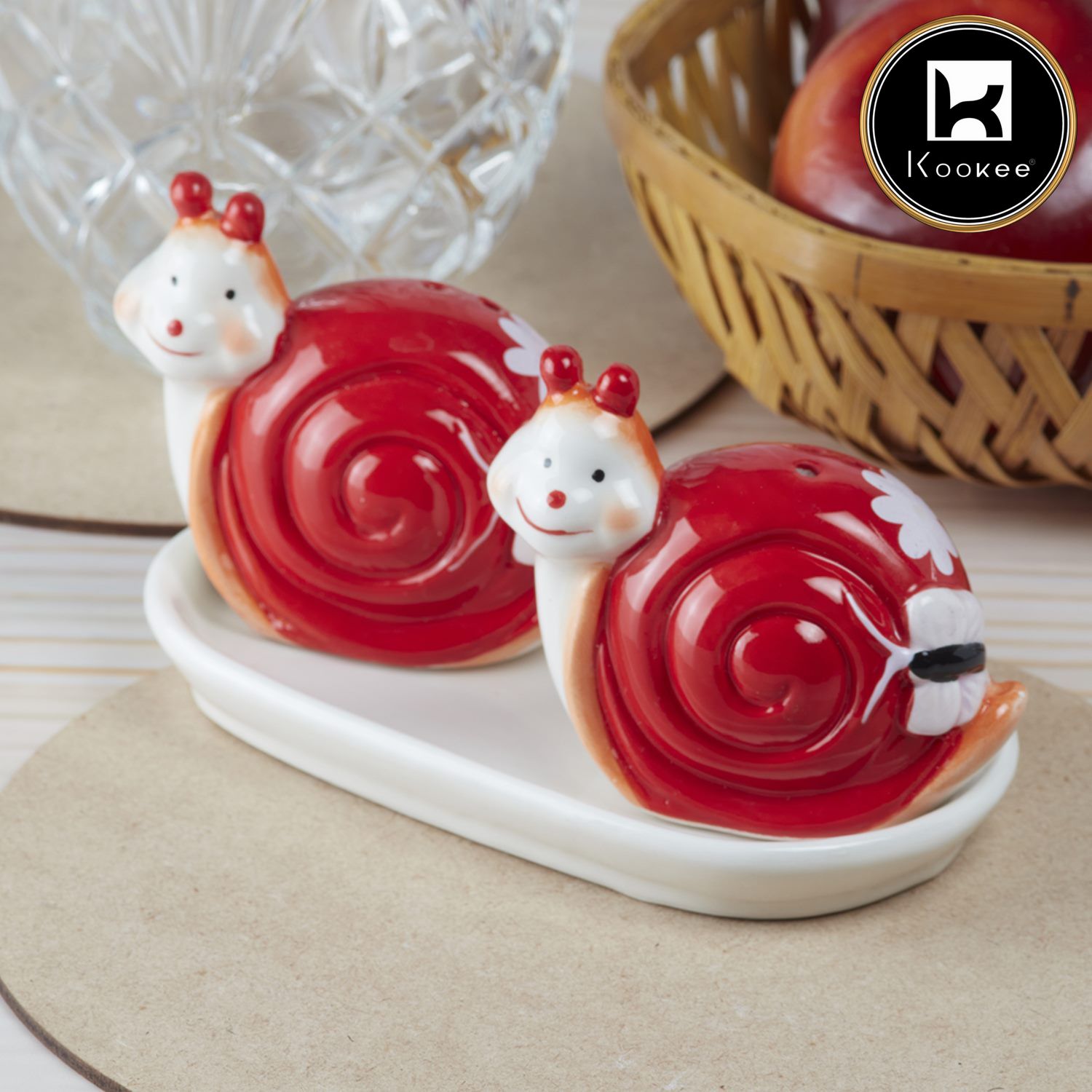 Kookee Ceramic Salt and Pepper Set with tray, Snail Design, Red White (8570)