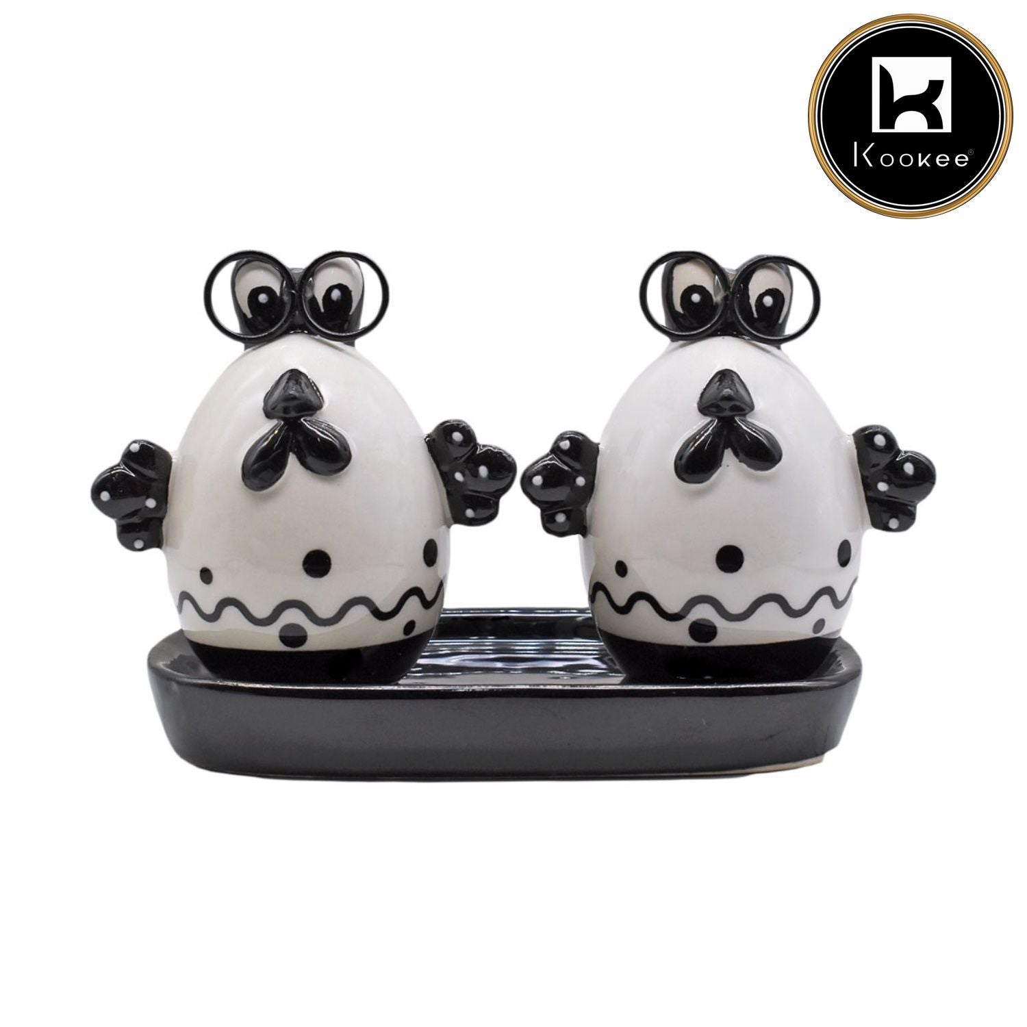 Ceramic Salt and Pepper Set with tray, Egg Design, Black (8572)