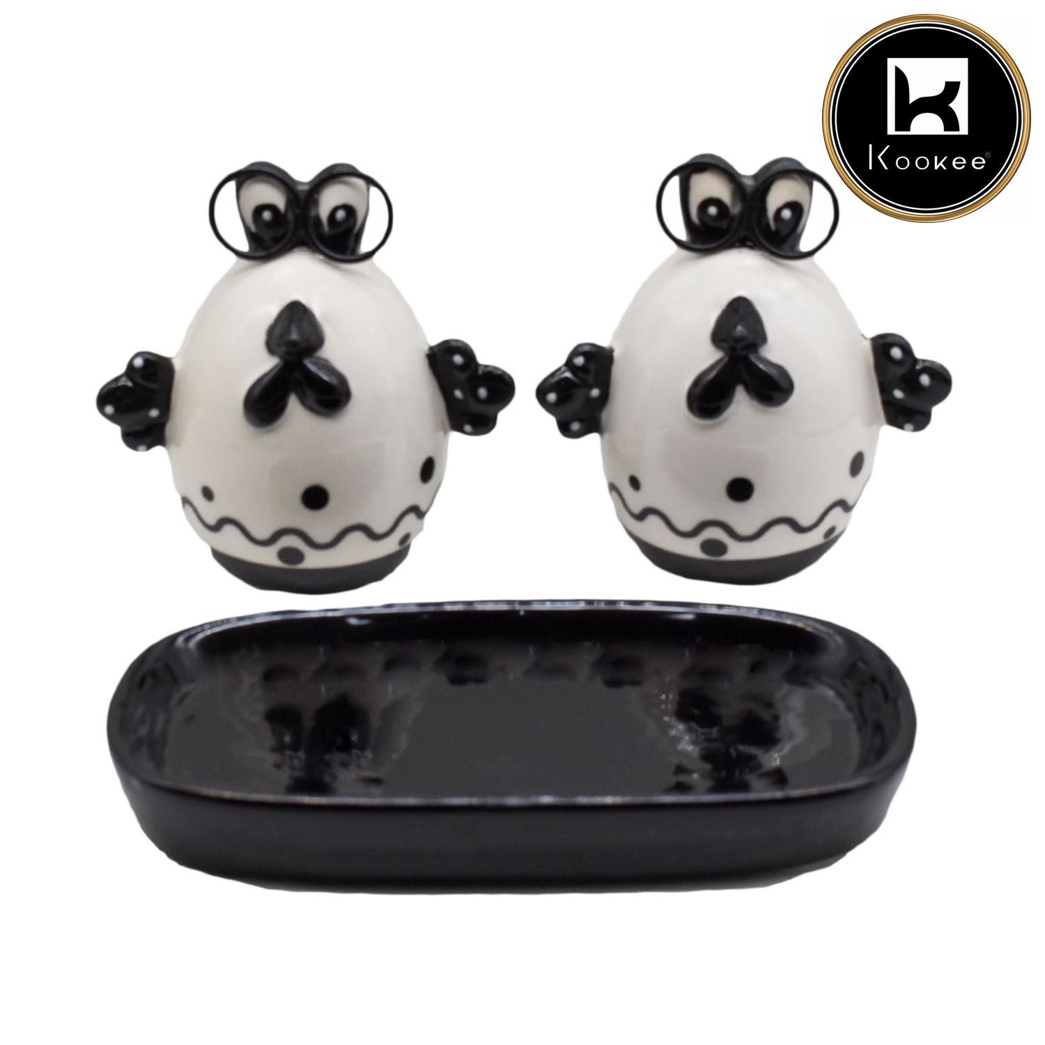 Ceramic Salt and Pepper Set with tray, Egg Design, Black (8572)