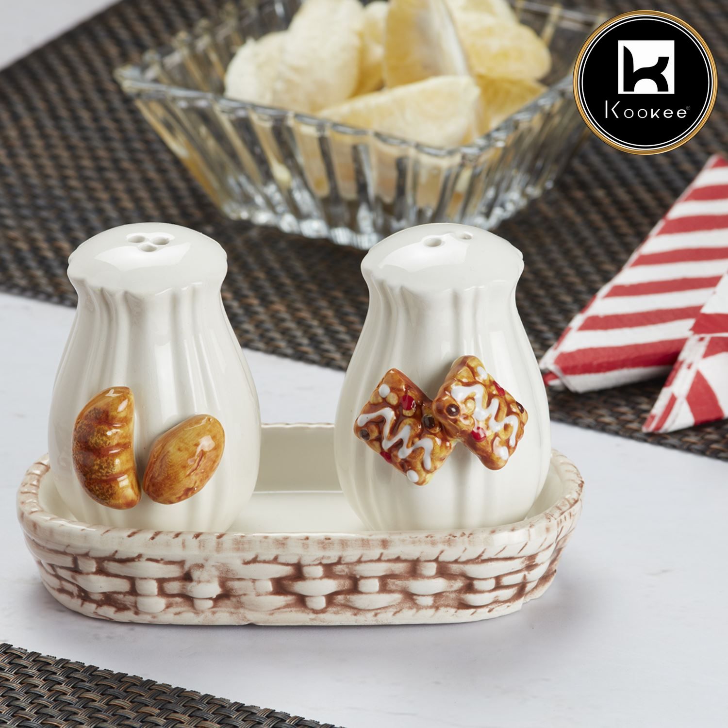 Kookee Ceramic Salt and Pepper Set with tray, Cookies Design, White (8574)