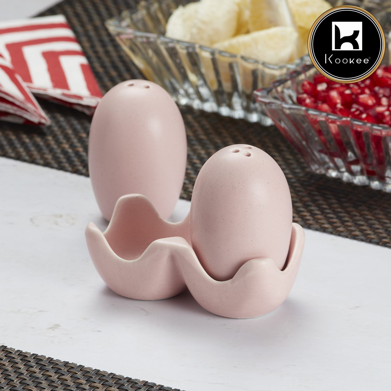 Ceramic Salt and Pepper Set with tray, Egg Design, Pink (V-SALT-013-1)