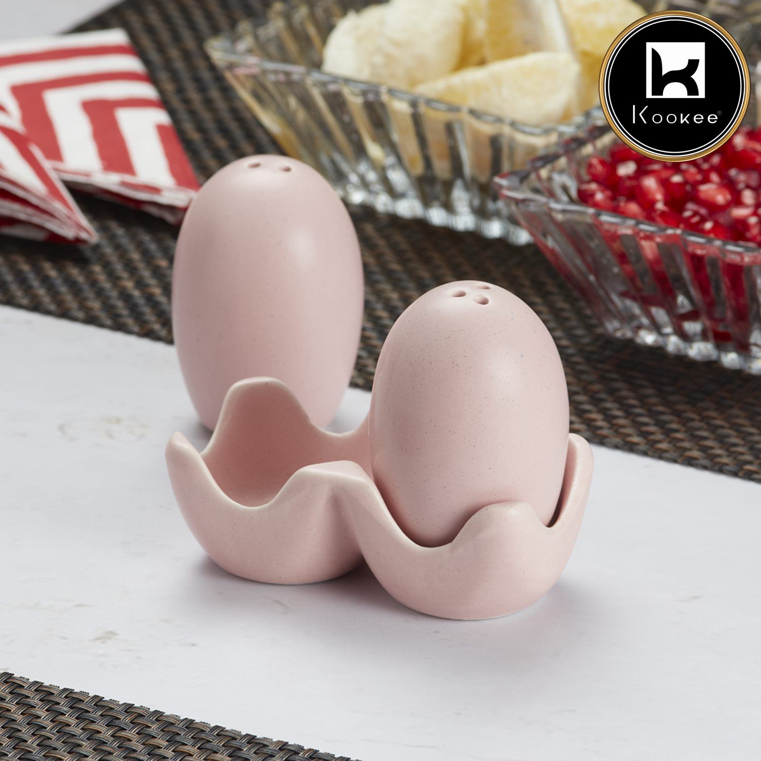 Ceramic Salt and Pepper Set with tray, Egg Design, Pink (8579)