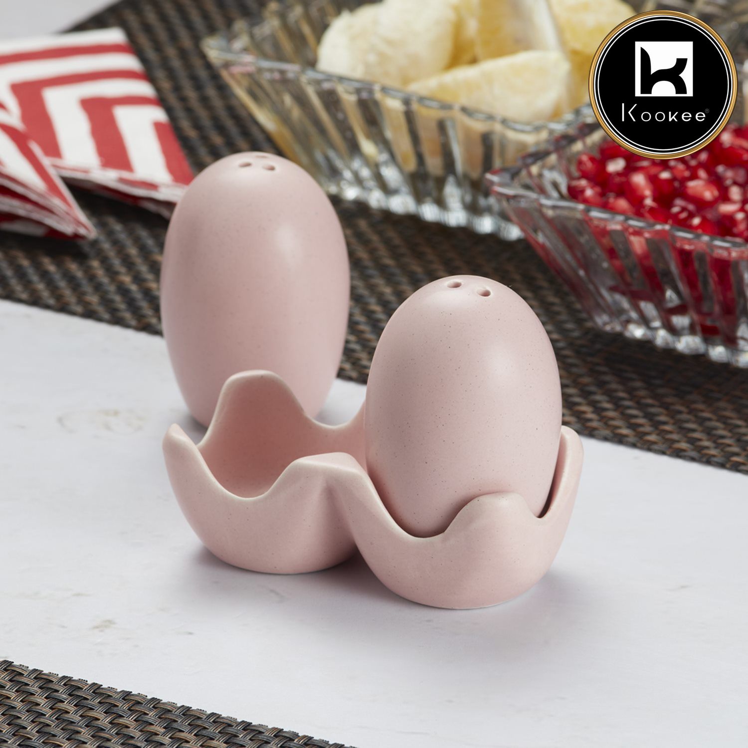 Ceramic Salt and Pepper Set with tray, Egg Design, Pink (V-SALT-013-1)