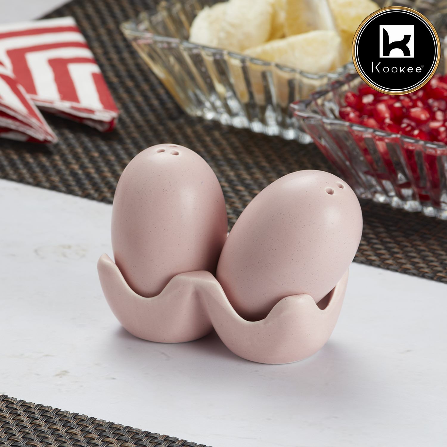 Ceramic Salt and Pepper Set with tray, Egg Design, Pink (V-SALT-013-1)