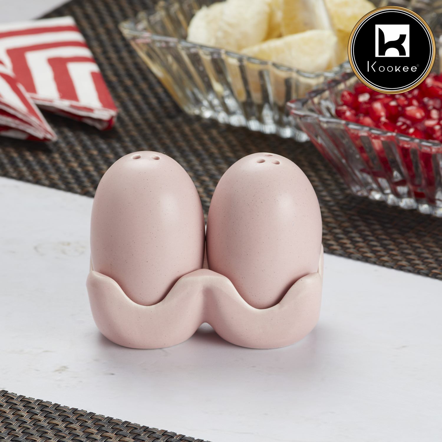 Kookee Ceramic Salt and Pepper Shakers Set with tray for Dining Table used as Namak Dhani, Shaker, Sprinkler, Spices Dispenser for Home, Kitchen and Restaurant, Egg Design, Pink