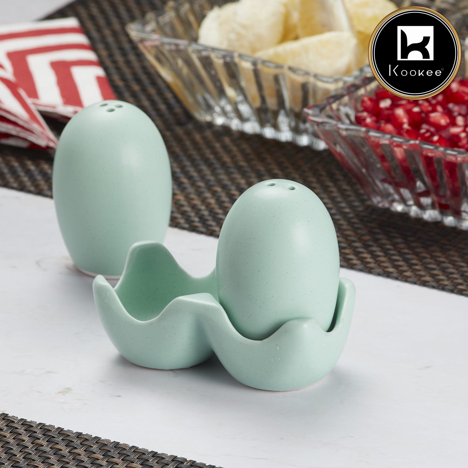 Ceramic Salt and Pepper Set with tray, Egg Design, Dark Blue (8581)