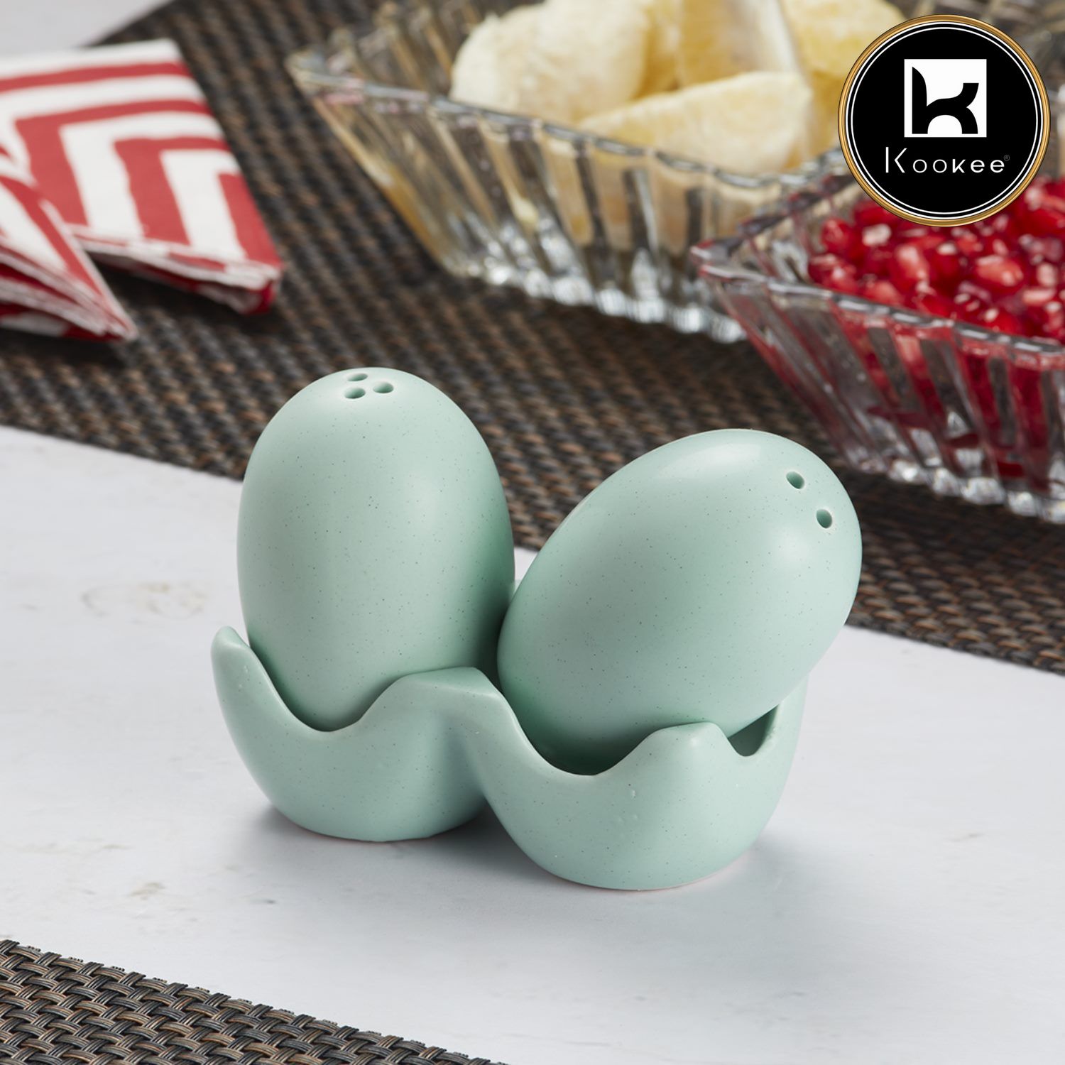 Ceramic Salt and Pepper Set with tray, Egg Design, Dark Blue (8581)