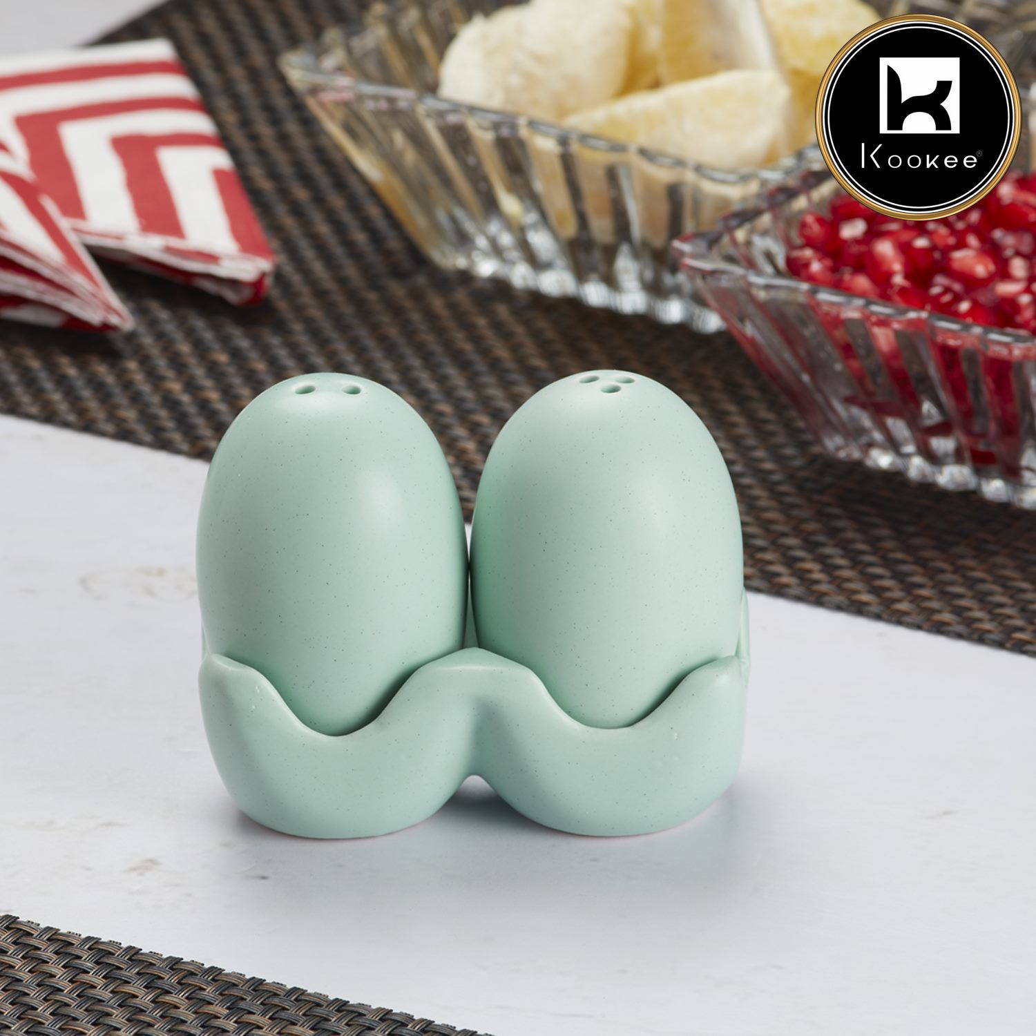 Kookee Ceramic Salt and Pepper Set with tray, Egg Design, Dark Blue (8581)
