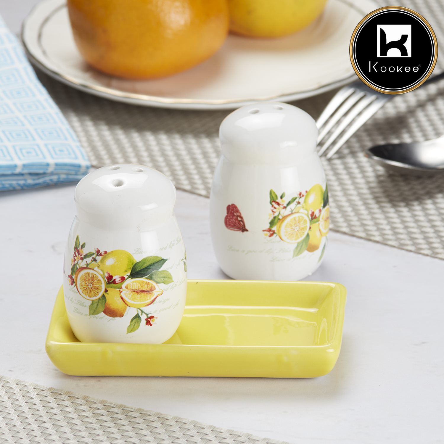 Ceramic Salt and Pepper Set with tray, Printed Design, White (8591)