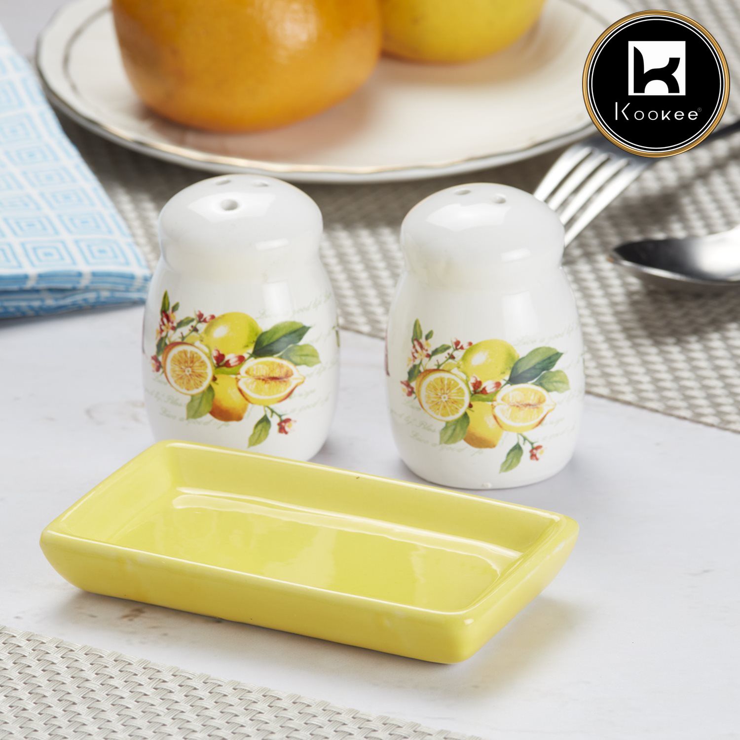 Ceramic Salt and Pepper Set with tray, Printed Design, White (8591)