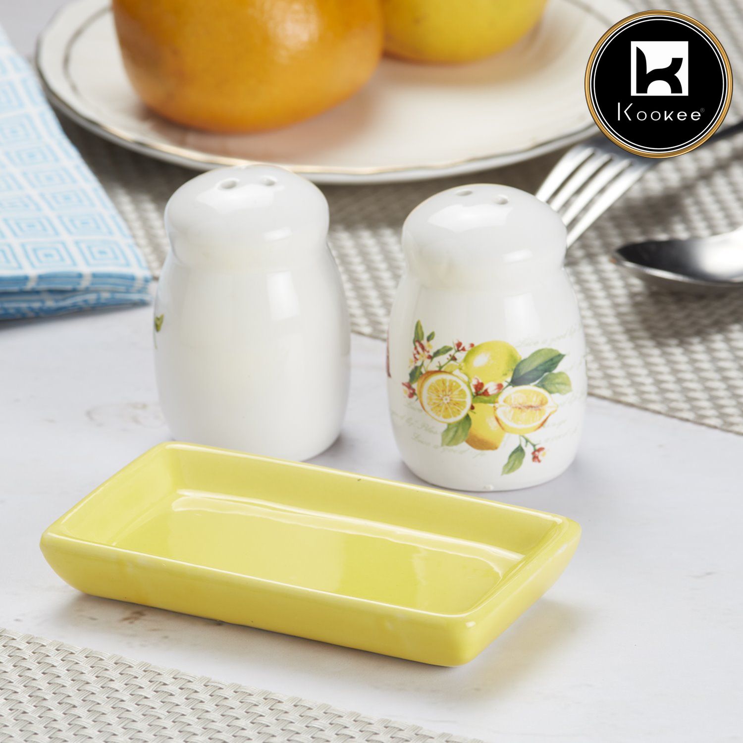 Ceramic Salt and Pepper Set with tray, Printed Design, White (8591)