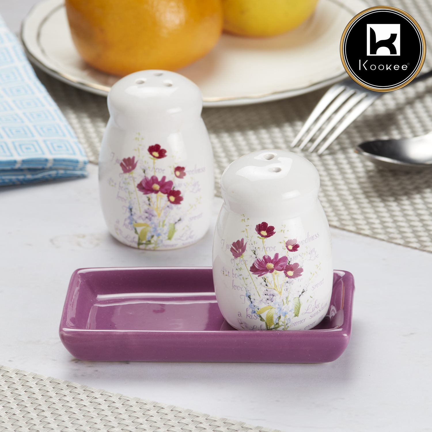 Ceramic Salt and Pepper Set with tray, Printed Design, White (8592)