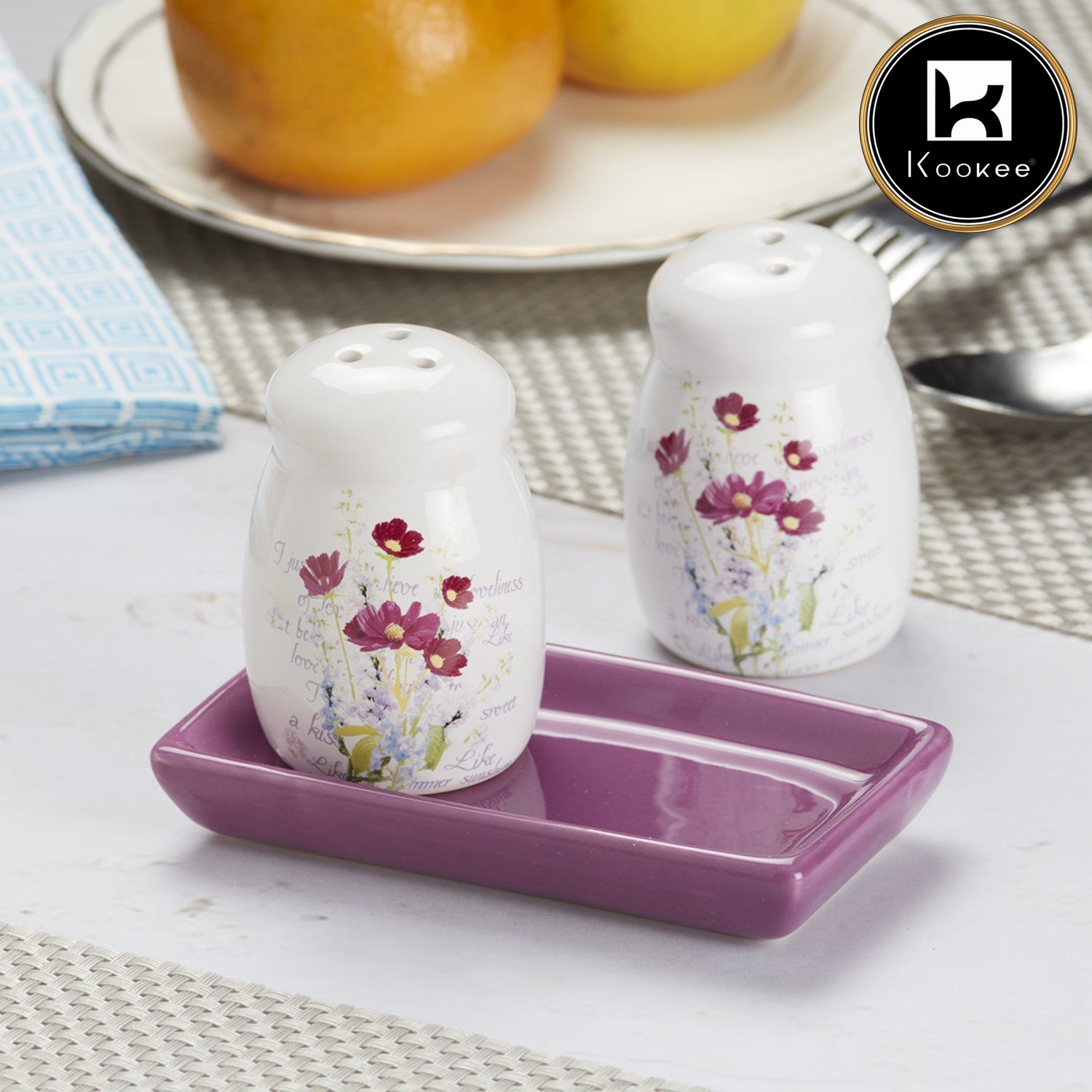 Ceramic Salt and Pepper Set with tray, Printed Design, White (8592)