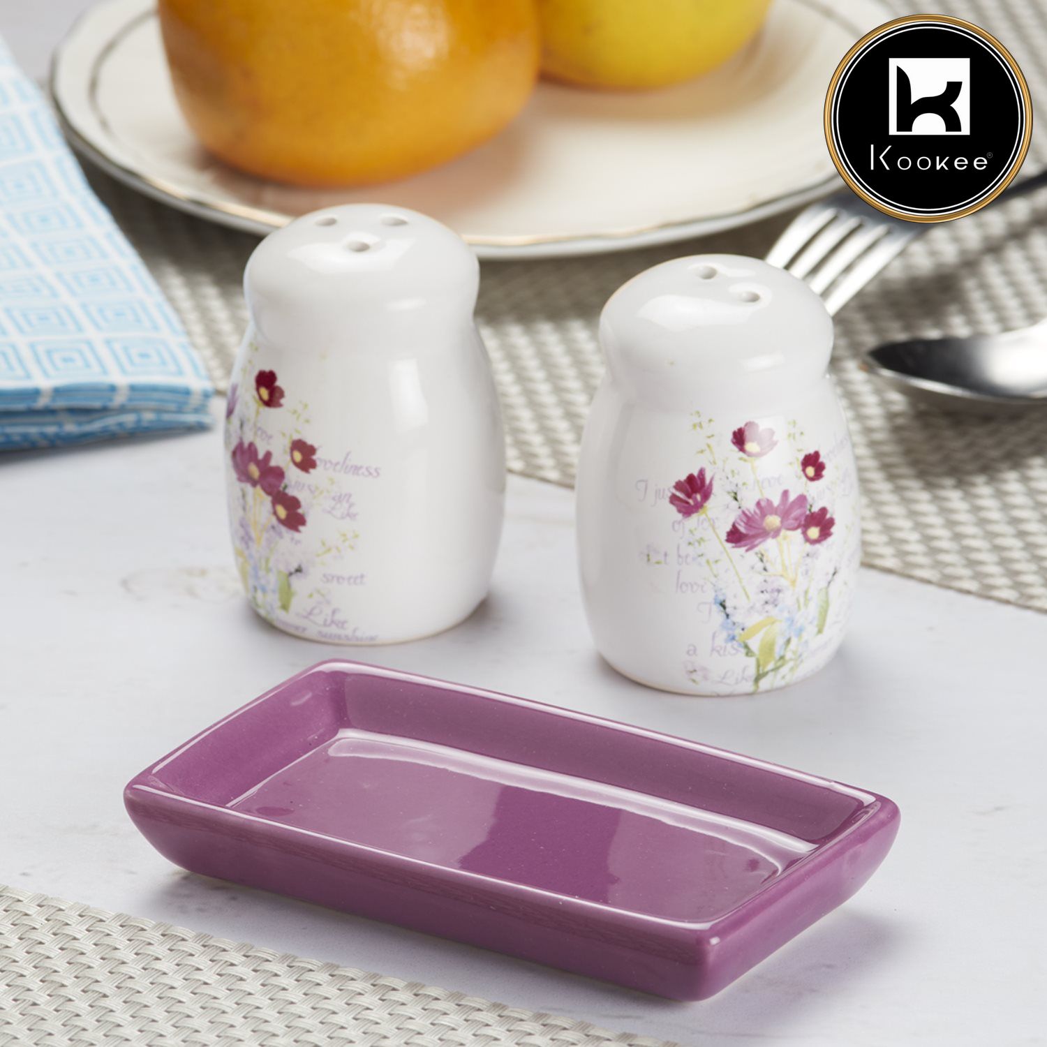 Ceramic Salt and Pepper Set with tray, Printed Design, White (8592)