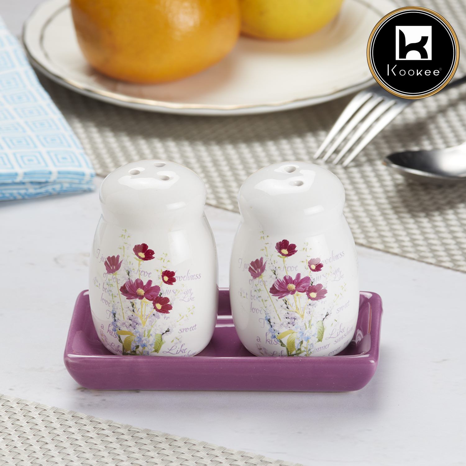 Kookee Ceramic Salt and Pepper Set with tray, Printed Design, White (8592)
