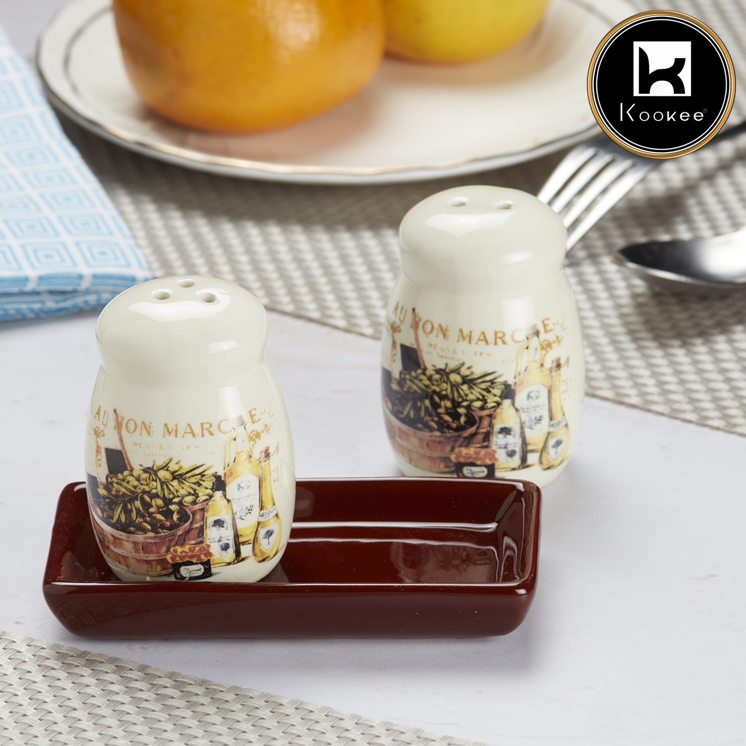 Ceramic Salt and Pepper Set with tray, Printed Design, White (8593)