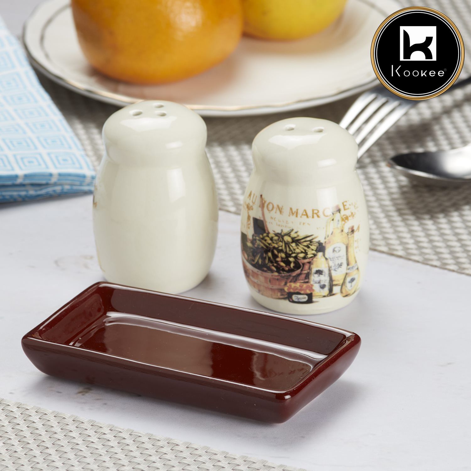 Ceramic Salt and Pepper Set with tray, Printed Design, White (8593)