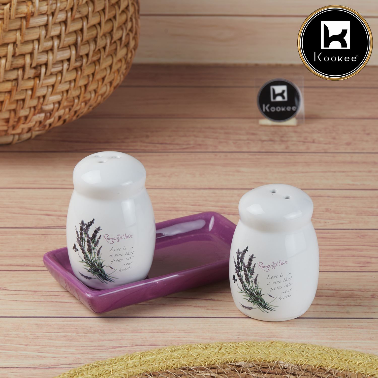 Ceramic Salt and Pepper Set with tray, Printed Design, White (8594)