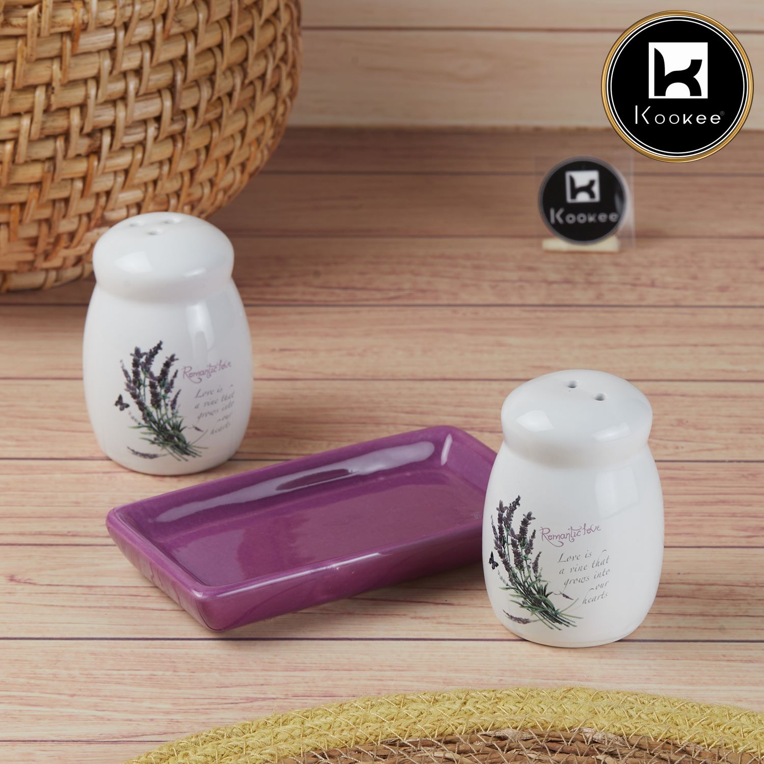 Ceramic Salt and Pepper Set with tray, Printed Design, White (8594)