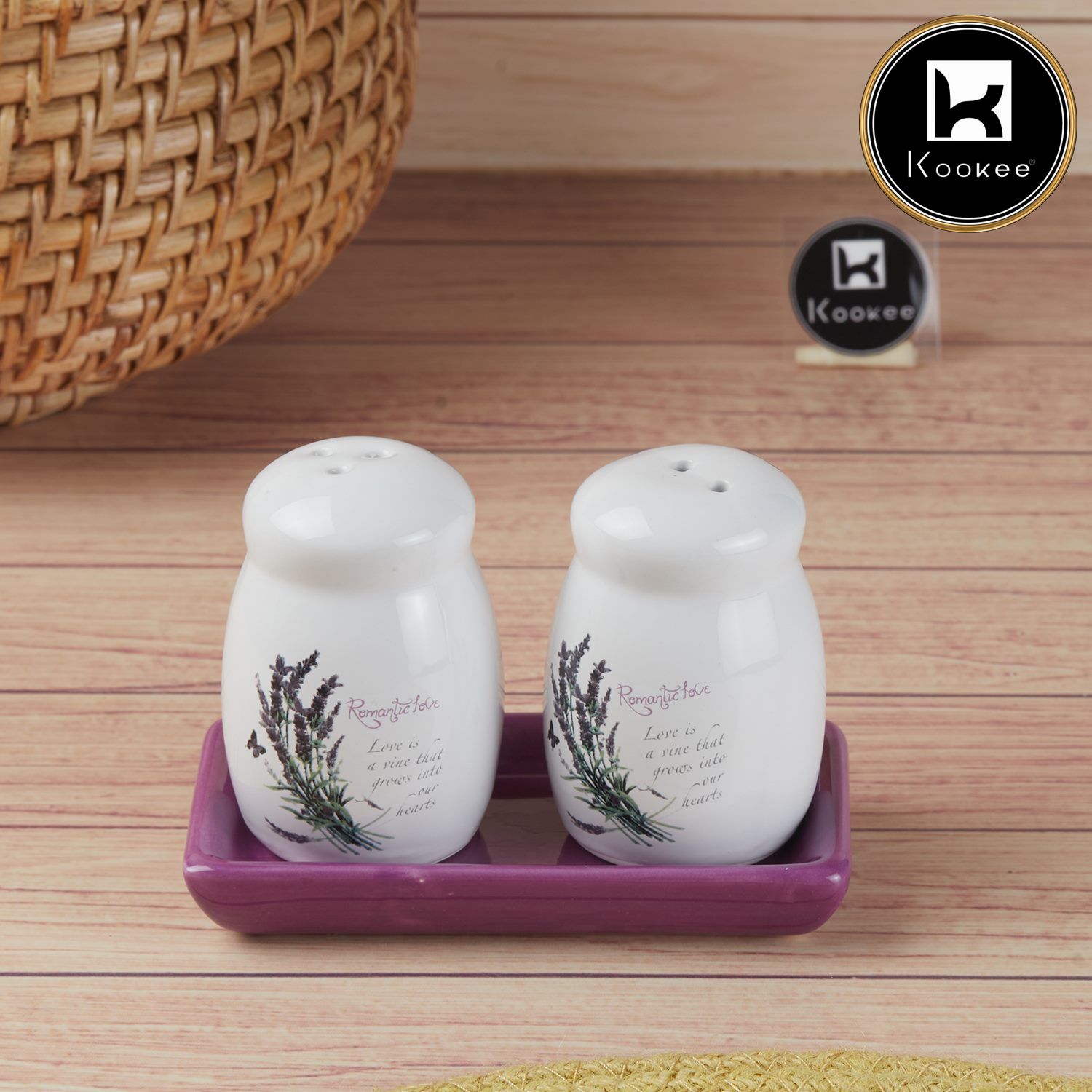 Ceramic Salt and Pepper Set with tray, Printed Design, White (8594)