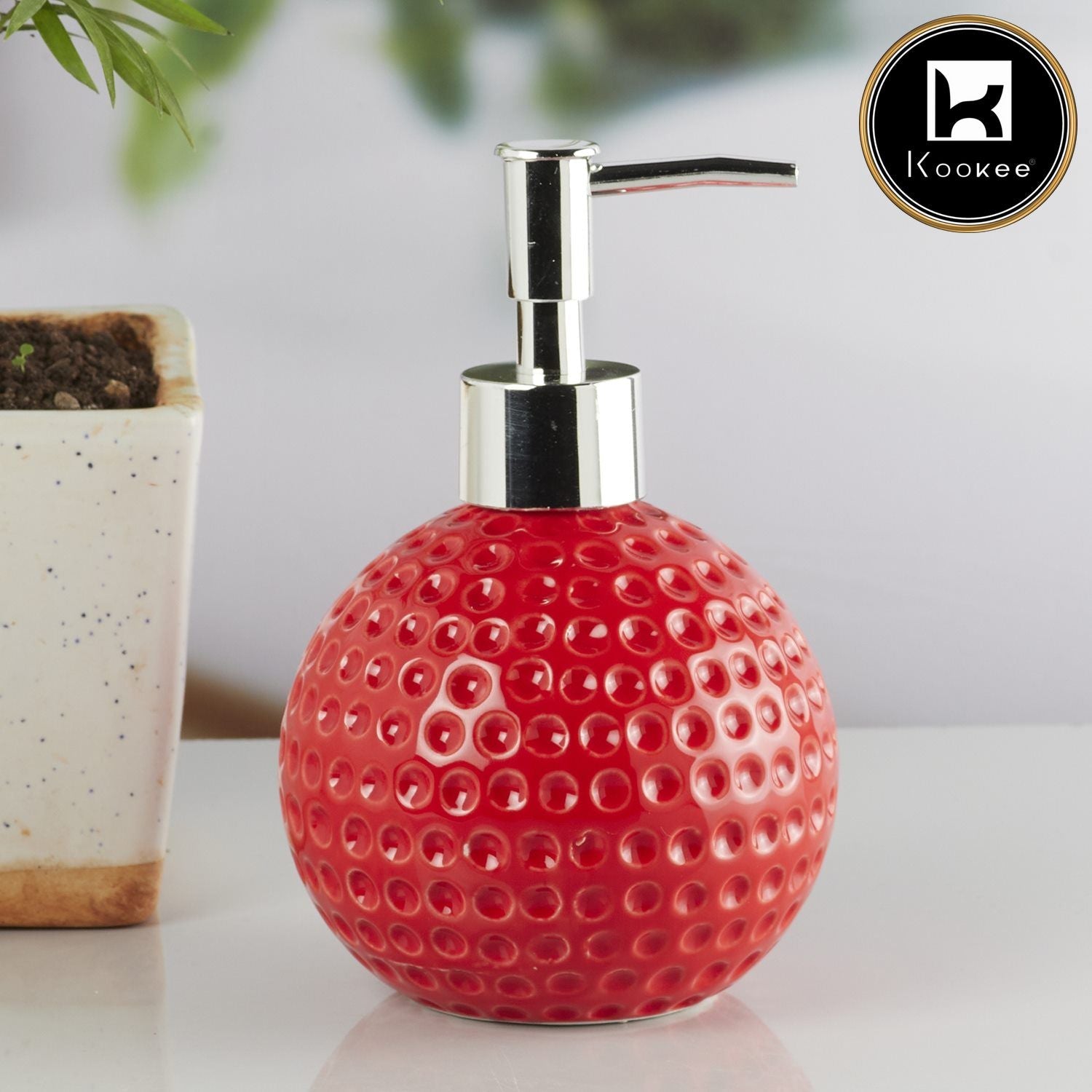 Kookee Ceramic Soap Dispenser with Stylish Refillable Pump Bottle for Bathroom Handwash & Kitchen Wash Basin, Perfect for Hand Soap, Lotion, and more, Red,