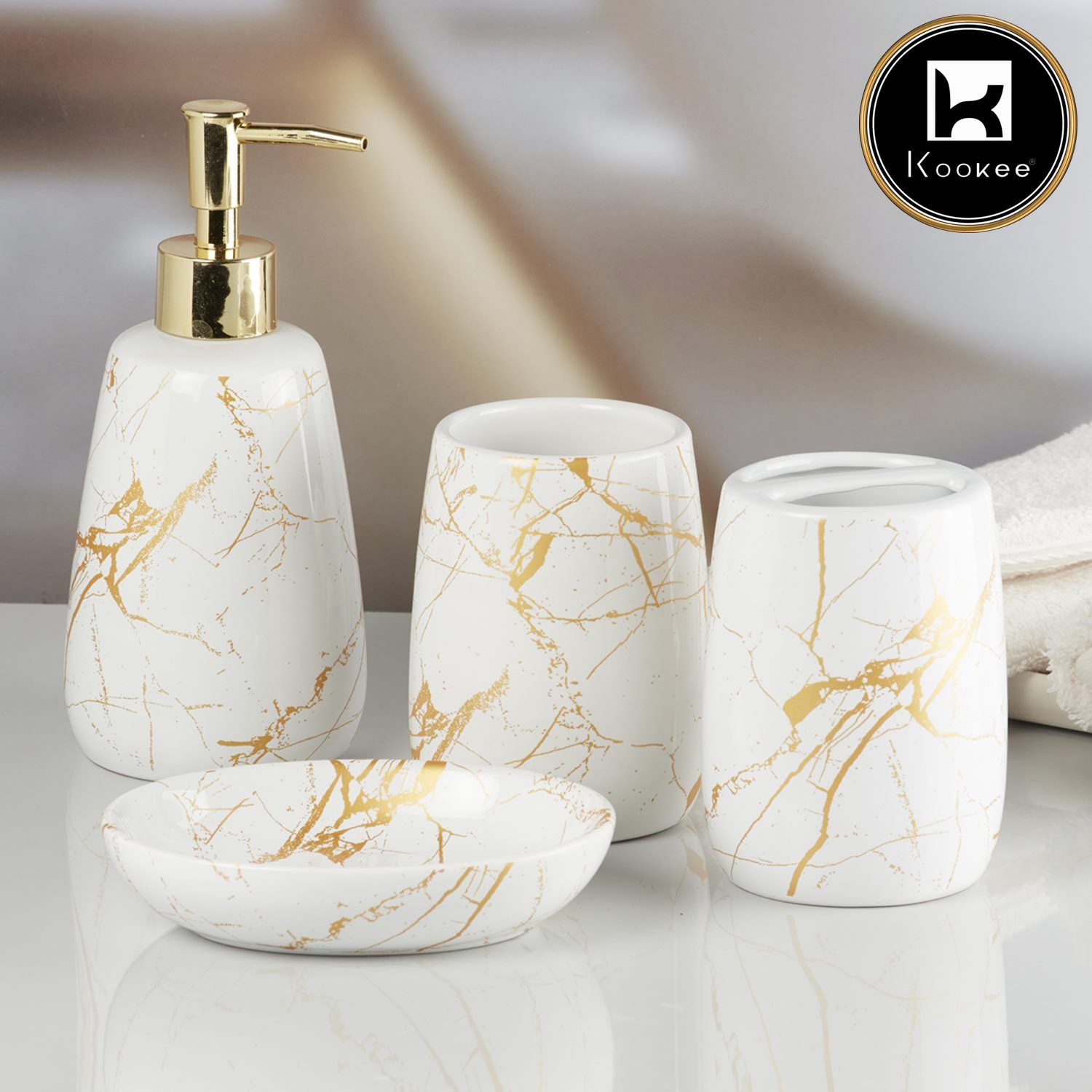 Kookee Ceramic Bathroom Accessories Set of 4, Modern Bath Set with Liquid handwash Soap Dispenser and Toothbrush holder, Luxury Gift Accessory for Home, White/Gold