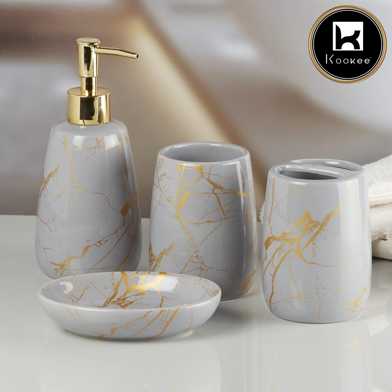 Ceramic Bathroom Accessories Set of 4 with Soap Dispenser (8684)