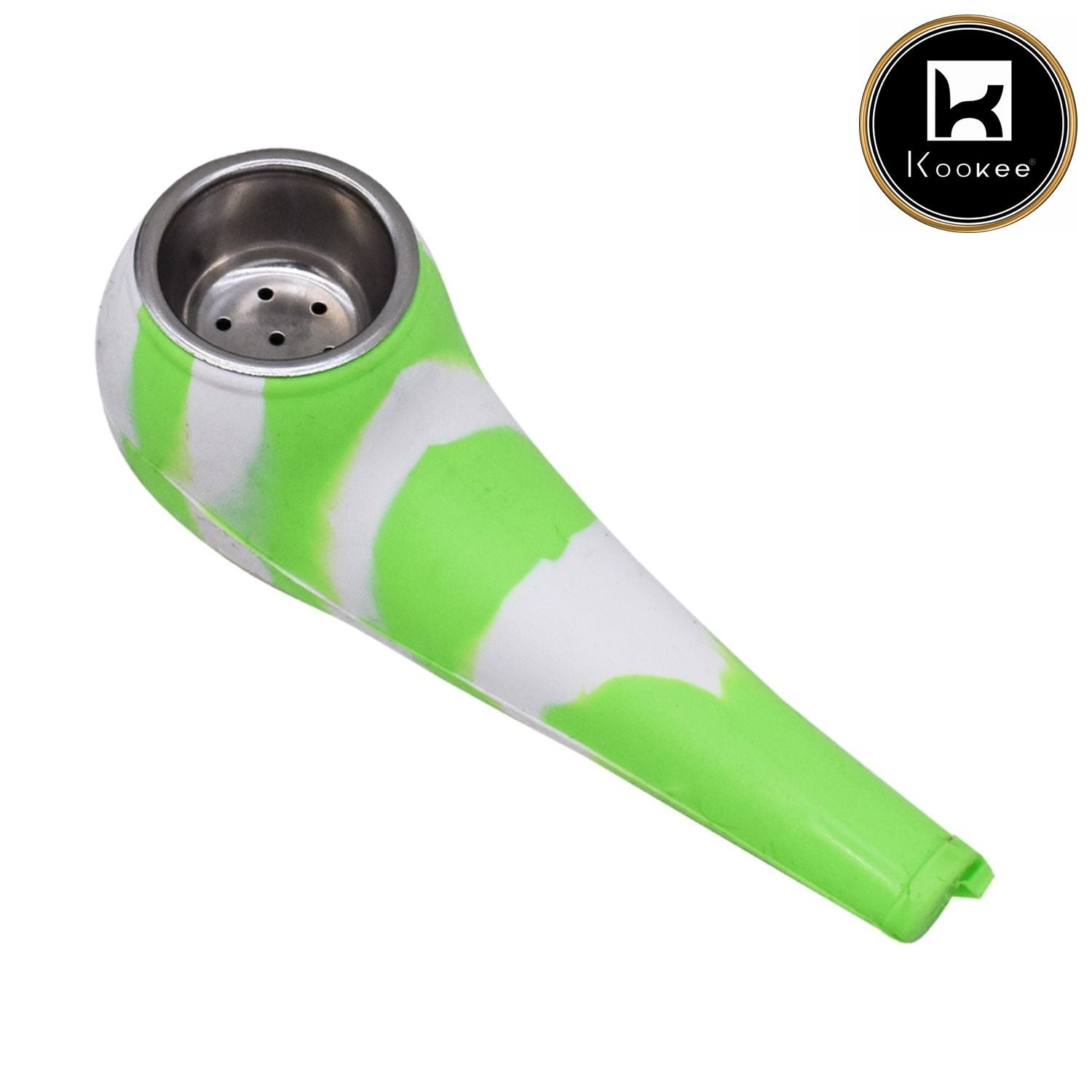 Silicone Smoking Pipe, Unbreakable with Steel Bowl, White and Green