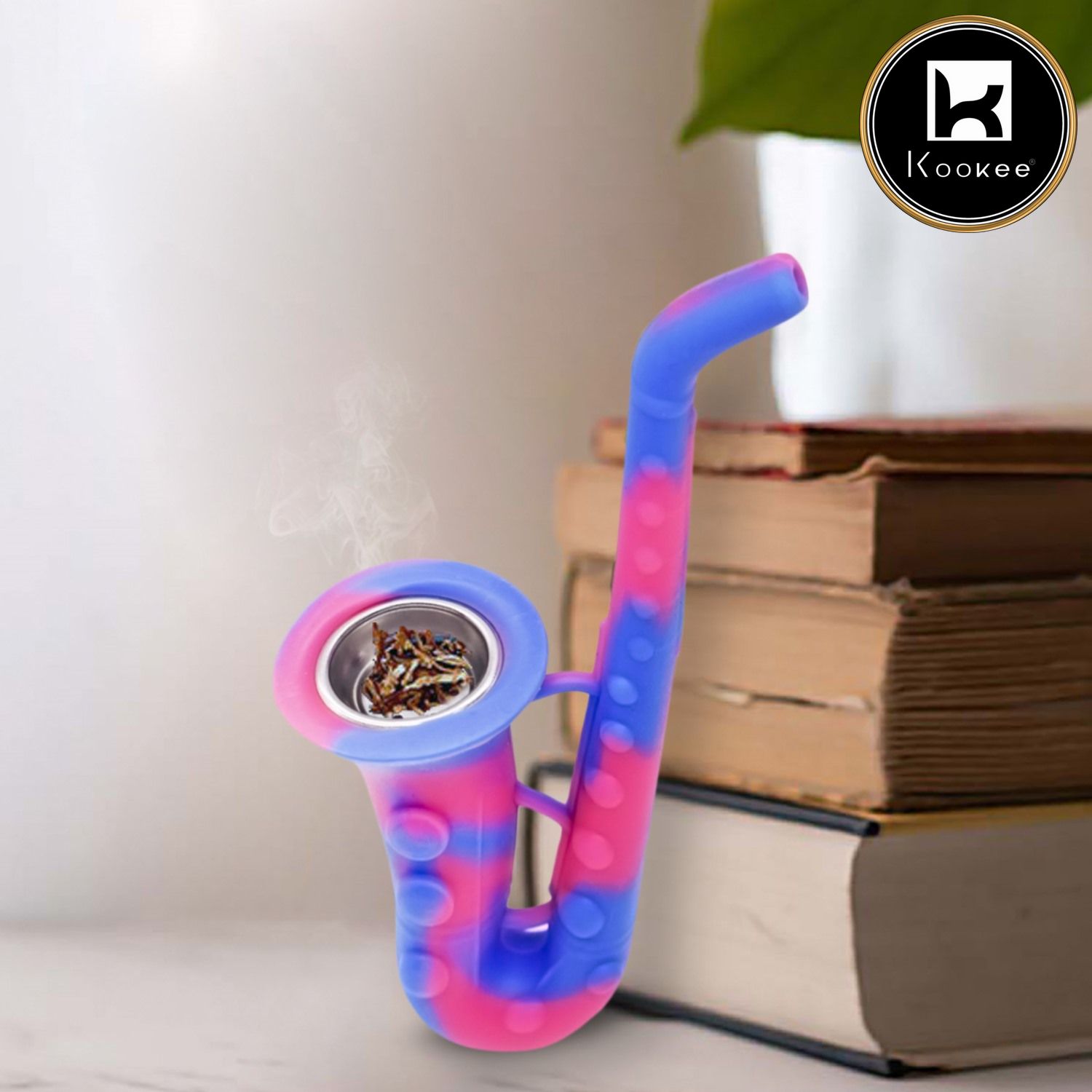 Kookee Silicone Unbreakable Smoking Pipe, Tobacco Pipes with Steel Bowl, Blue Pink