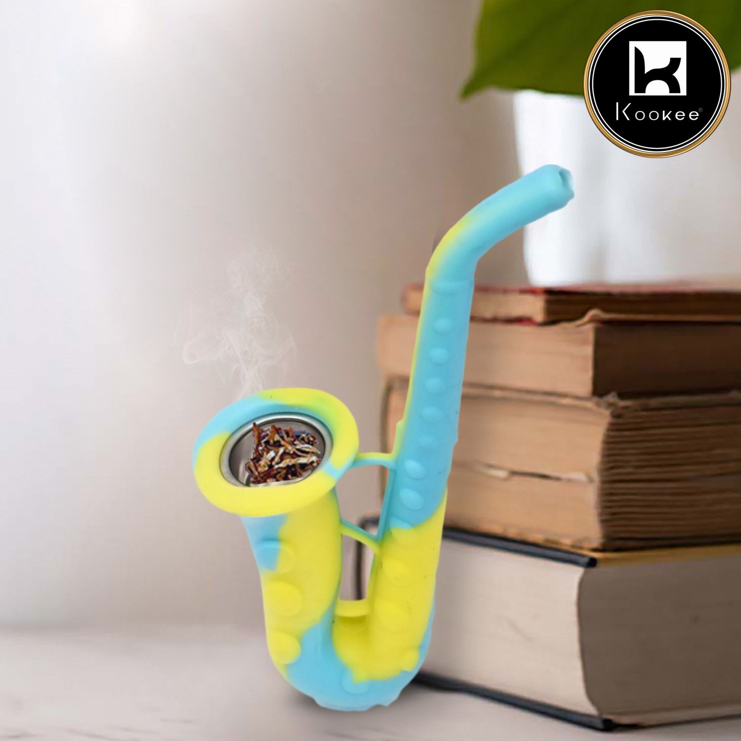 Kookee Silicone Unbreakable Saxophone Smoking Pipe, Tobacco Pipes with Steel Bowl, Blue and Yellow