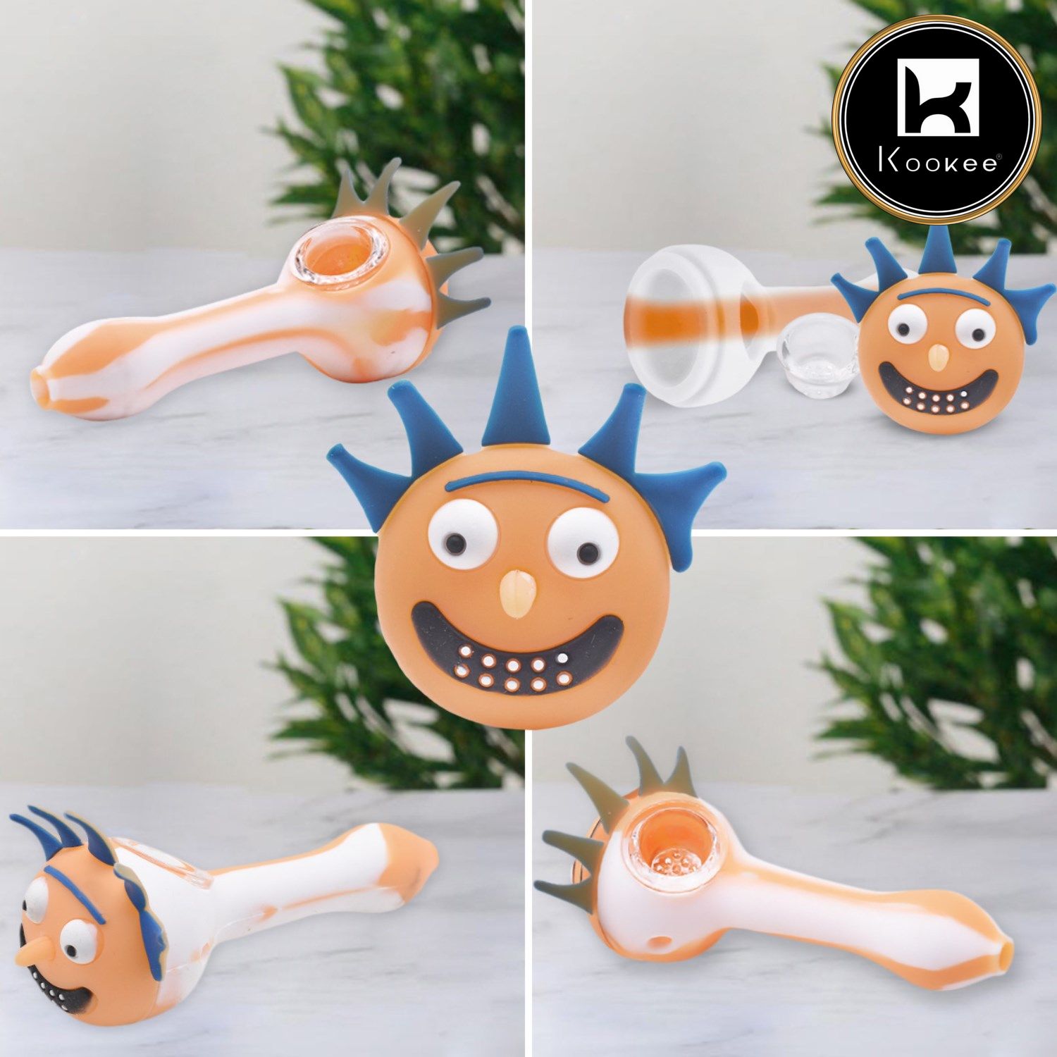 Kookee Silicone Smoking Pipe, Unbreakable Tobacco Pipes with Glass Bowl, Rick and Morty, White and Orange