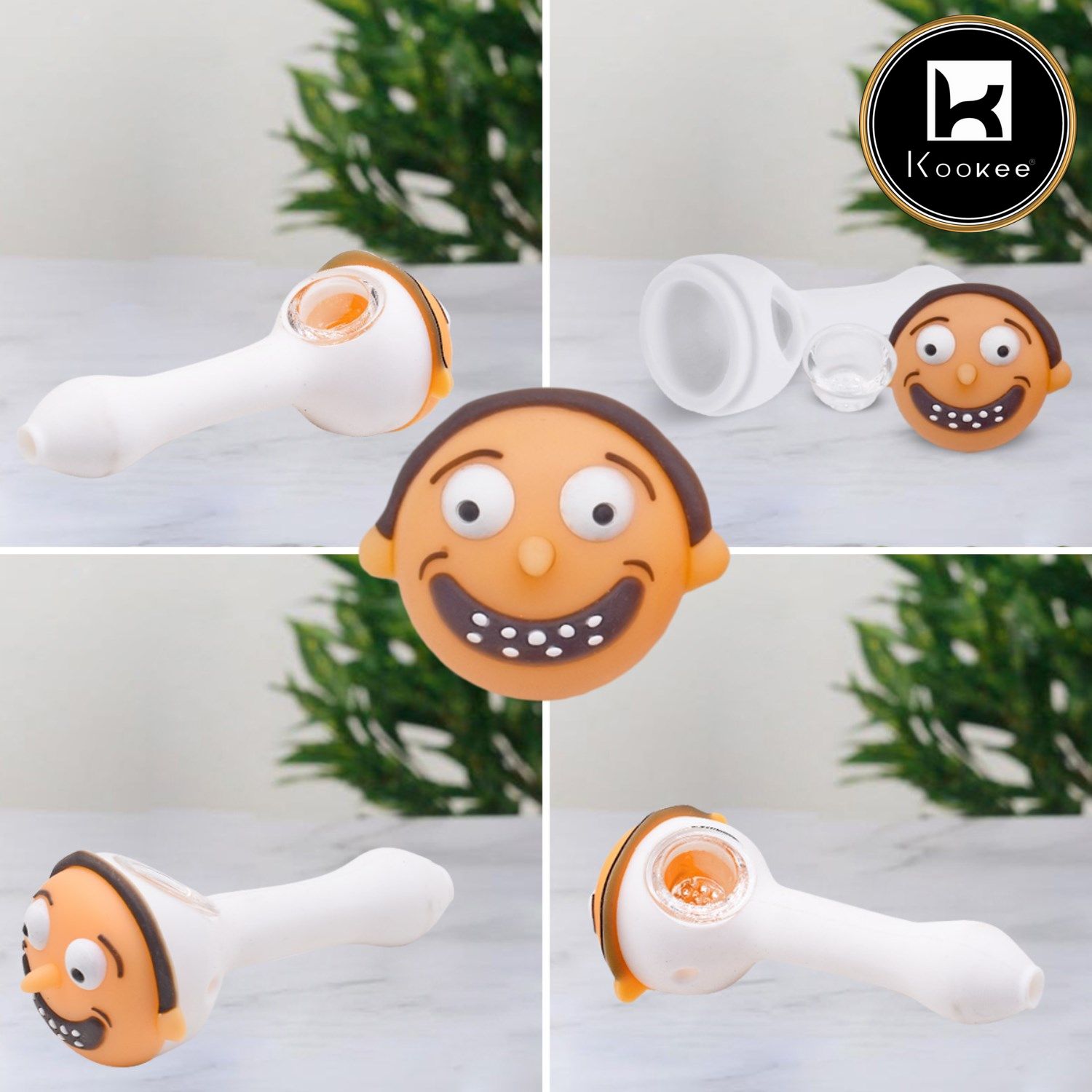 Kookee Silicone Smoking Pipe, Unbreakable with Glass Bowl, Rick Morty-2, White