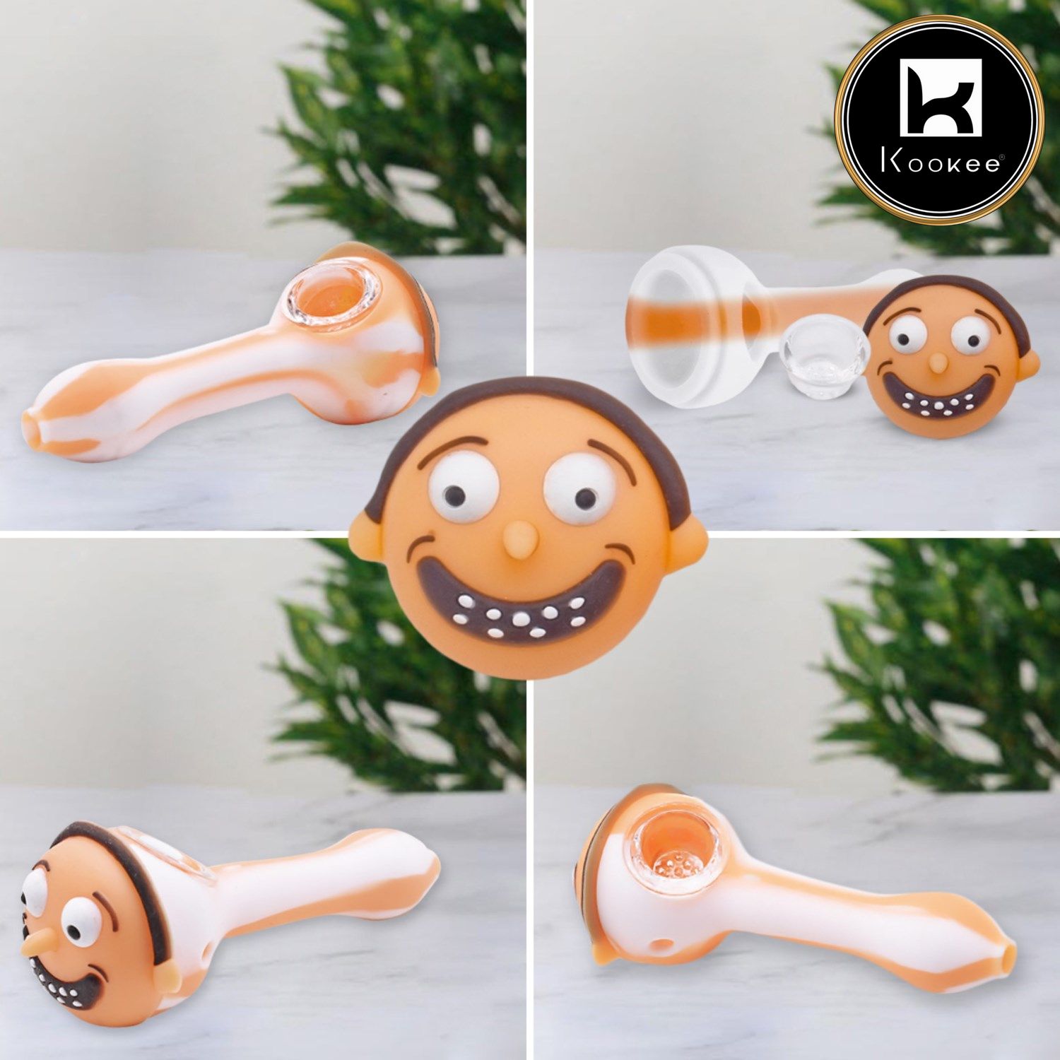 Kookee Silicone Smoking Pipe, Unbreakable Tobacco Pipes with Glass Bowl, Rick and Morty-2, White and Orange