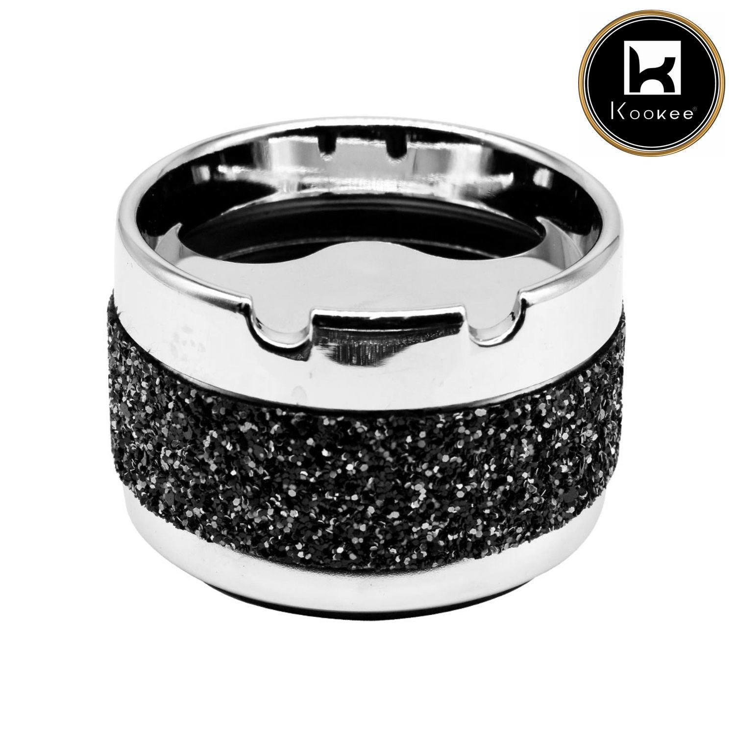 Smokeless Metal Tin Ashtray Rotating Lid, Round, Black / Silver Glitter